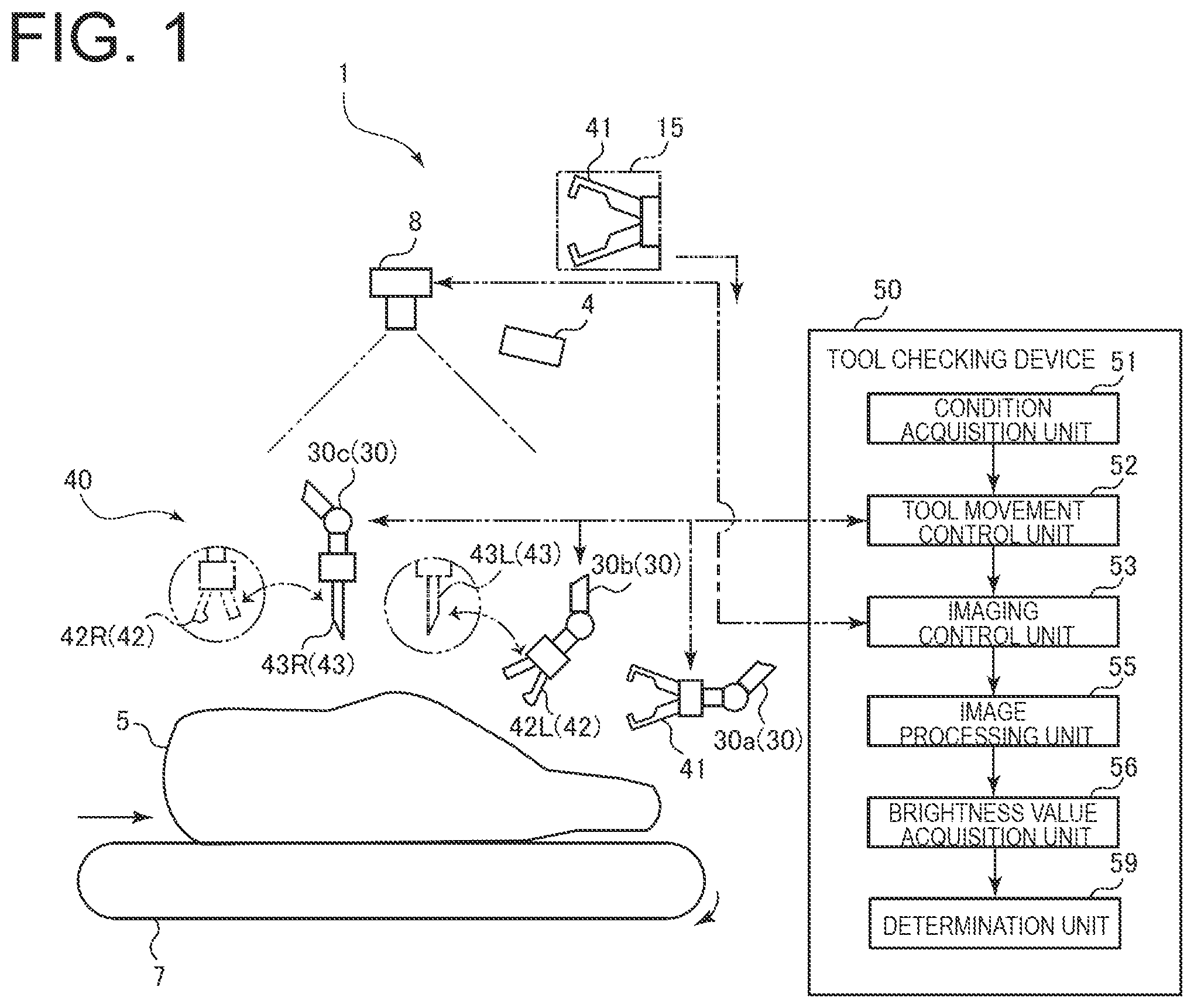 Patent US12564966 Figure 1 – Tool checking device, storage device storing tool checking program, and tool checking method for robot arm