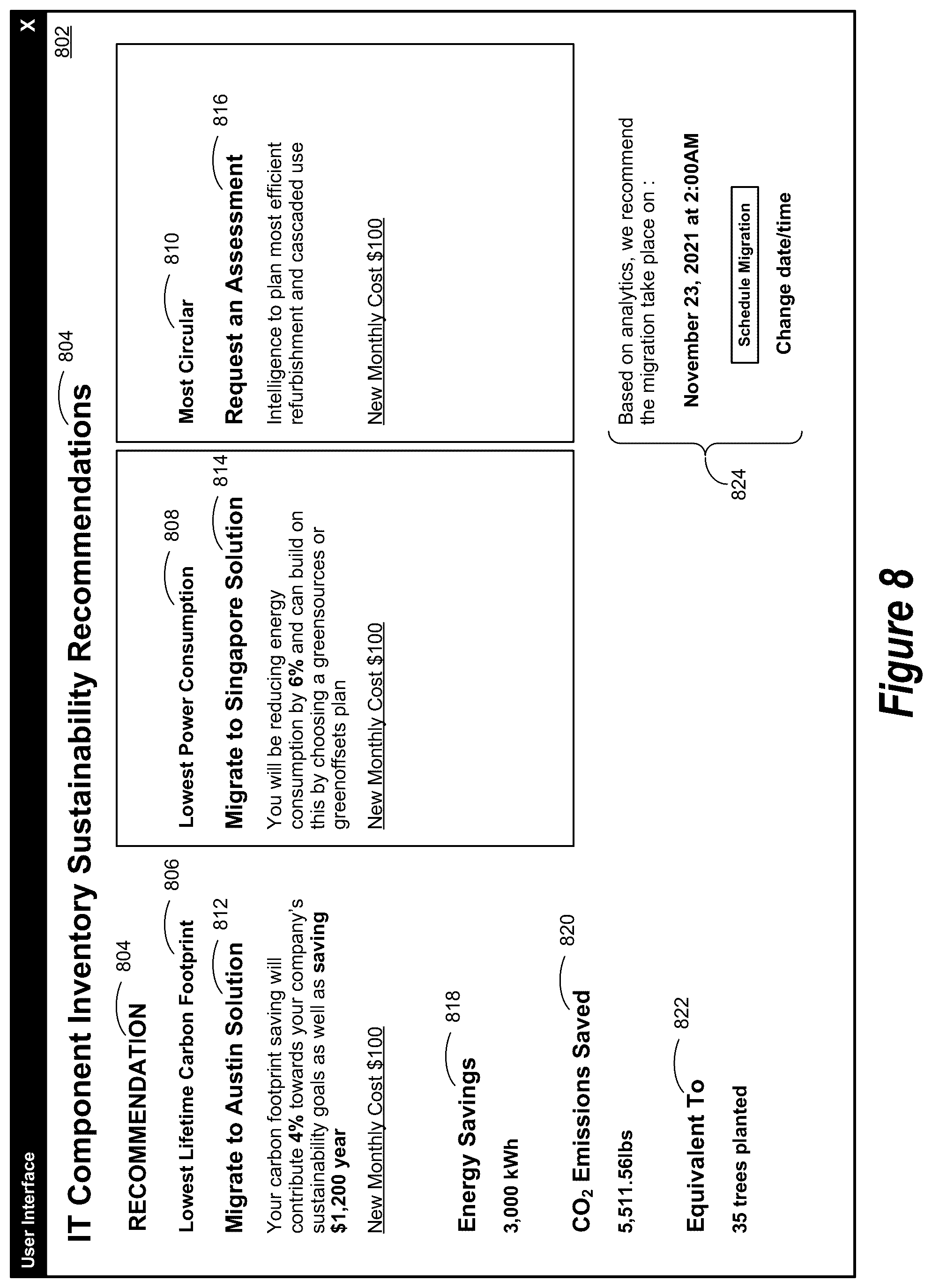 Patent US12567029 Figure 8 – Information technology ecosystem environment for generating sustainability information for use when integrating sustainability and information technology planning