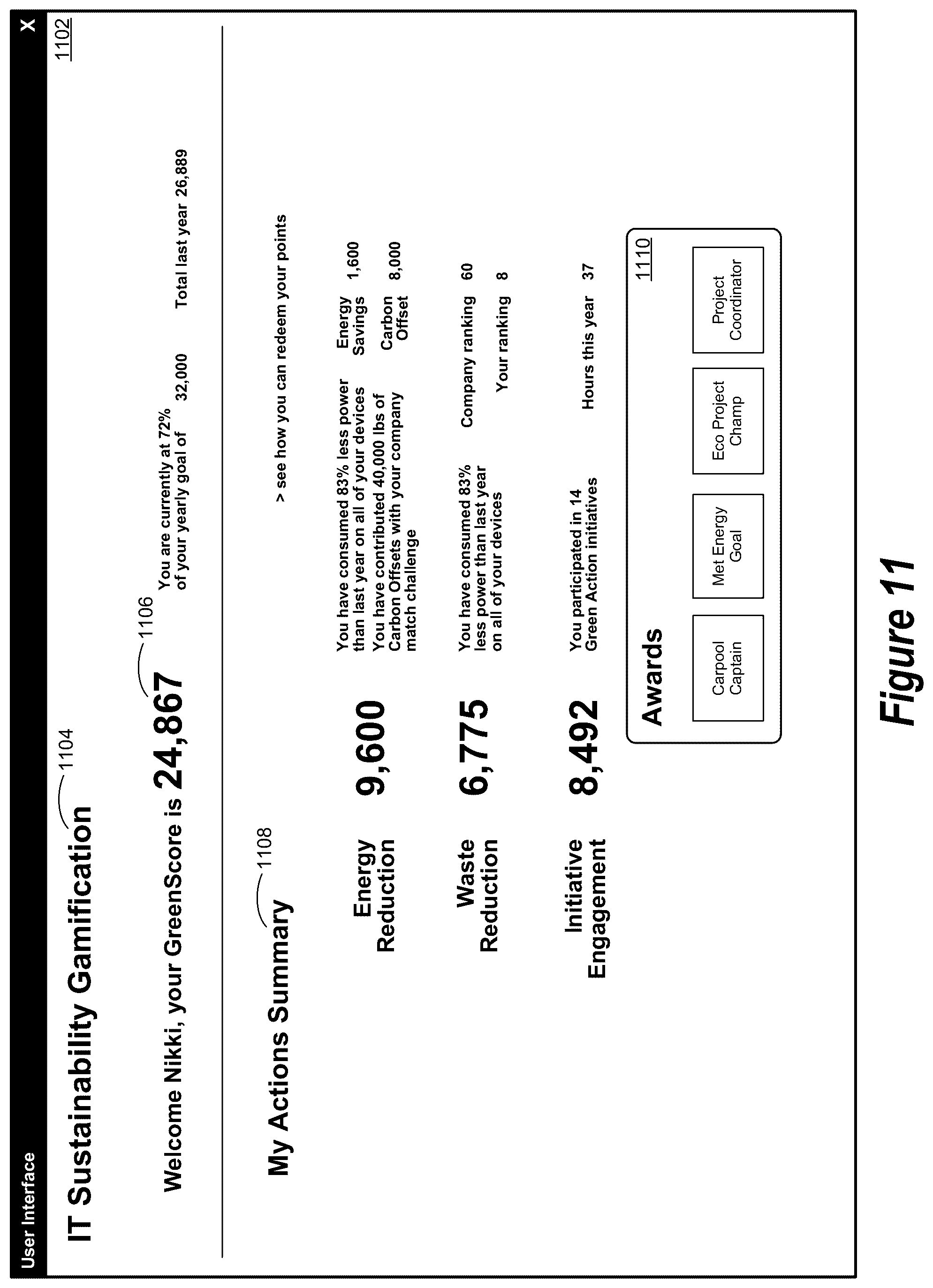 Patent US12567029 Figure 11 – Information technology ecosystem environment for generating sustainability information for use when integrating sustainability and information technology planning