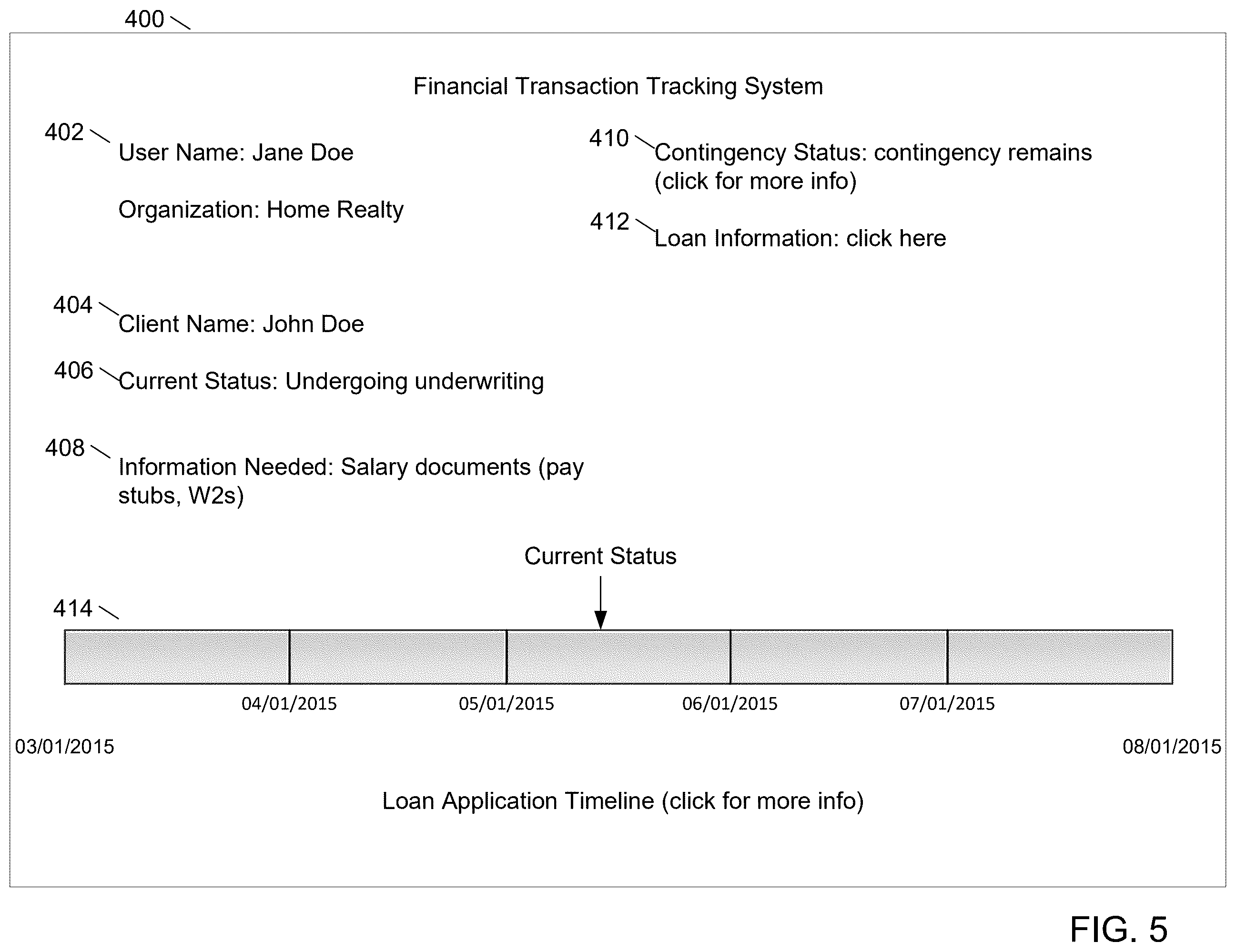 Patent US12567043 Figure 5 – Status information for financial transactions