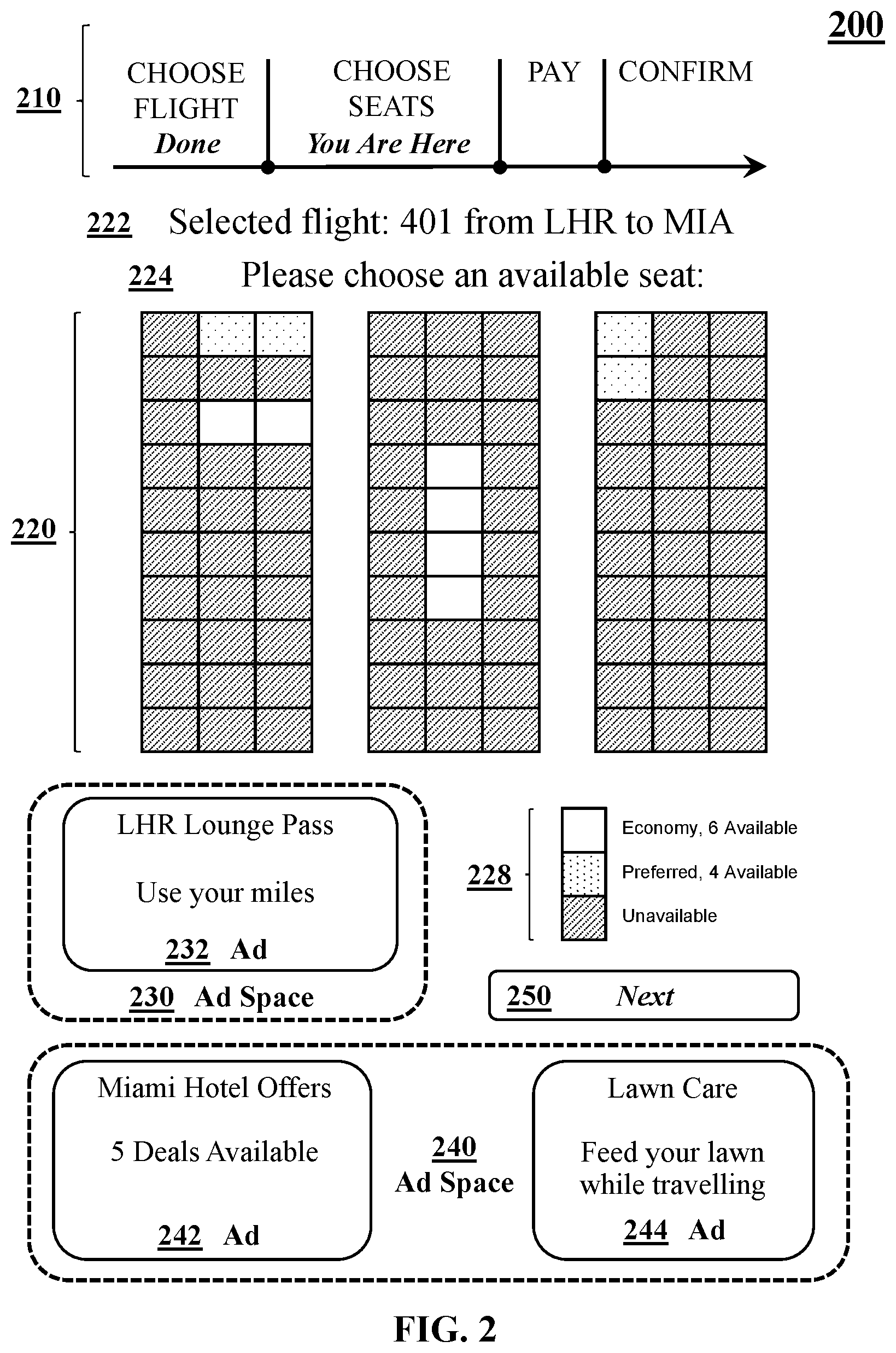 Patent US12567086 Figure 2 – Dynamically updated advertisement placements in sequential workflows