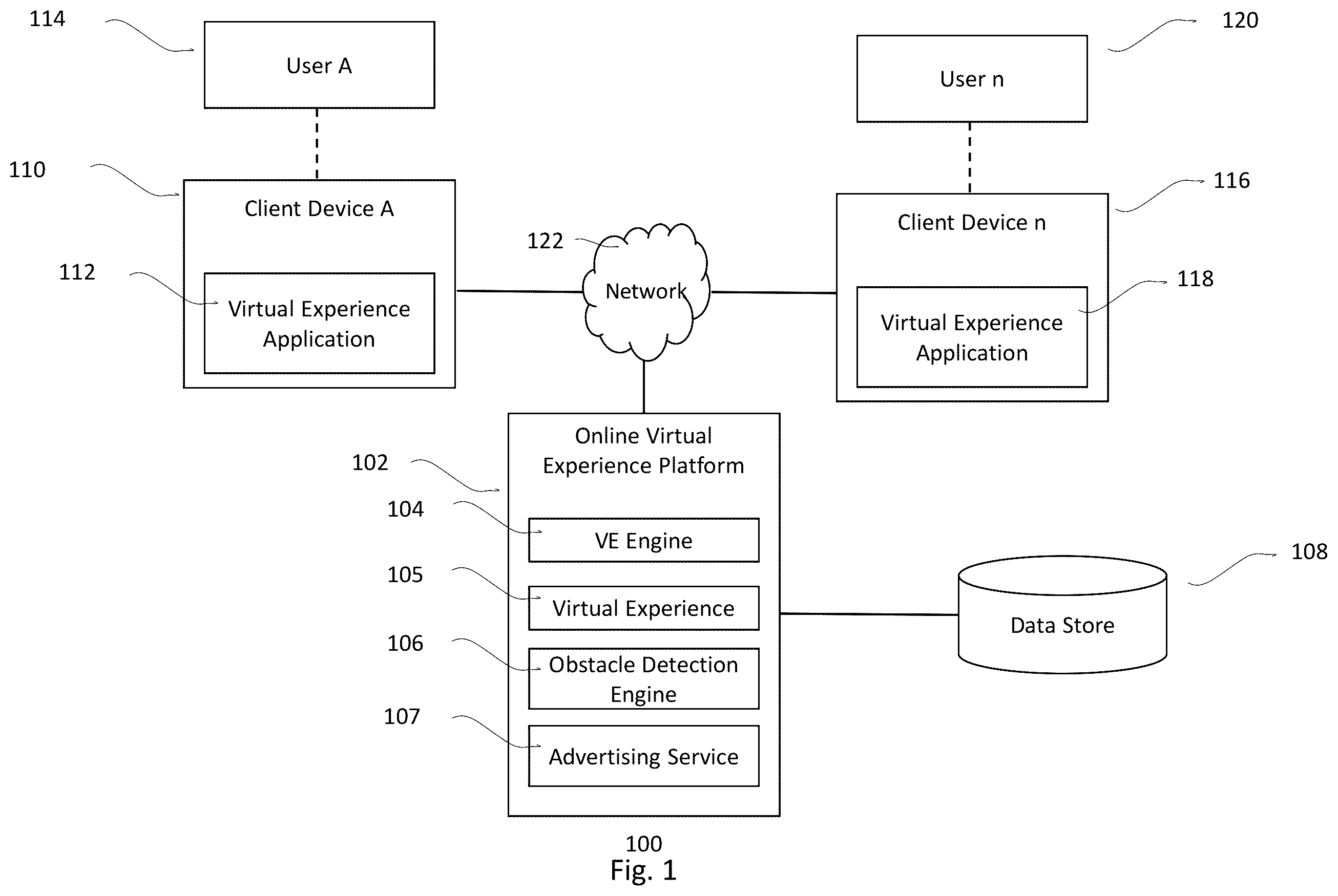 Patent US12567200 — Computing viewability of objects within virtual experiences — Figure 1