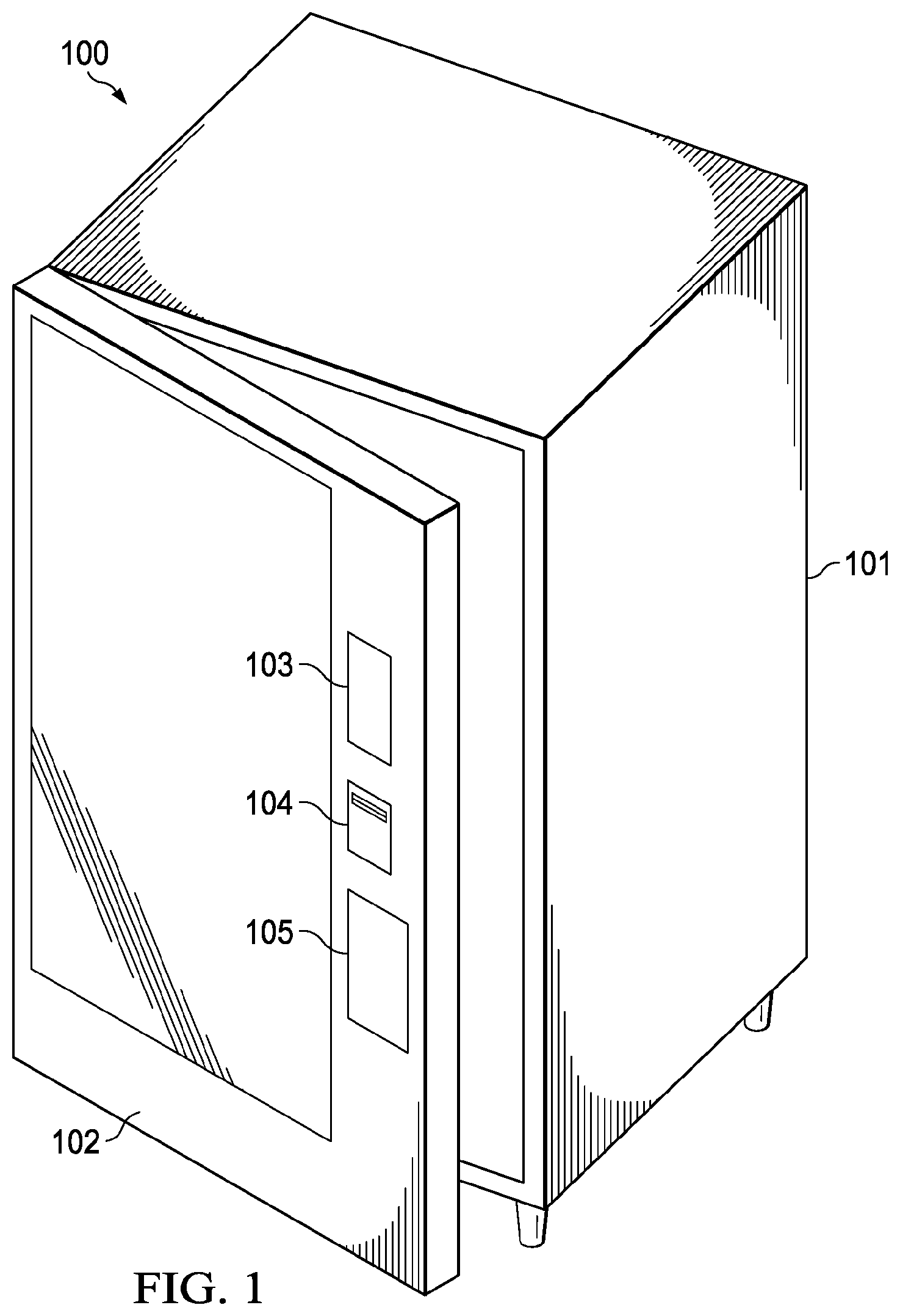 Patent US12567300 Figure 1 – Vending machine product delivery system with variable retrieval speed