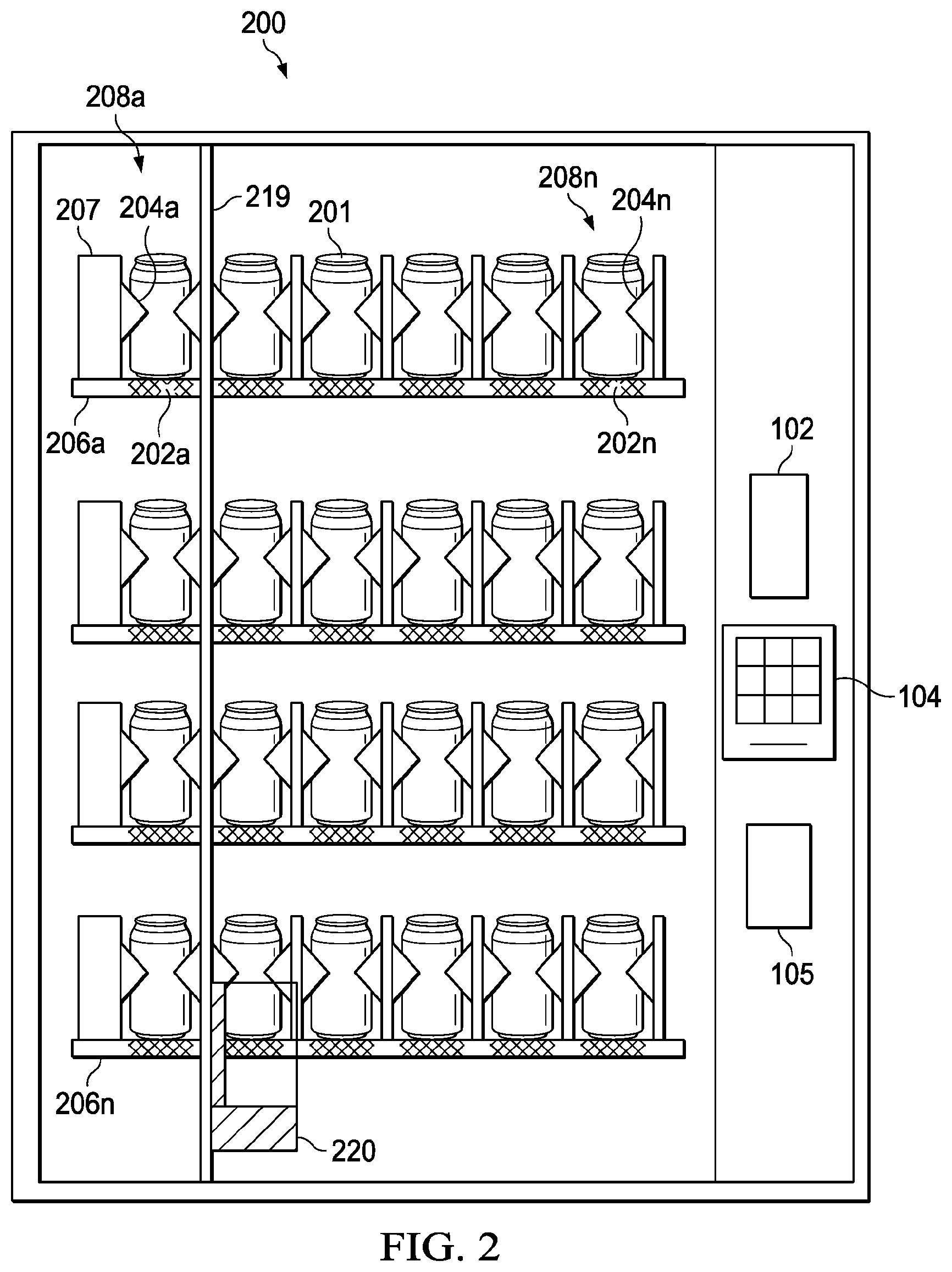Patent US12567300 Figure 2 – Vending machine product delivery system with variable retrieval speed