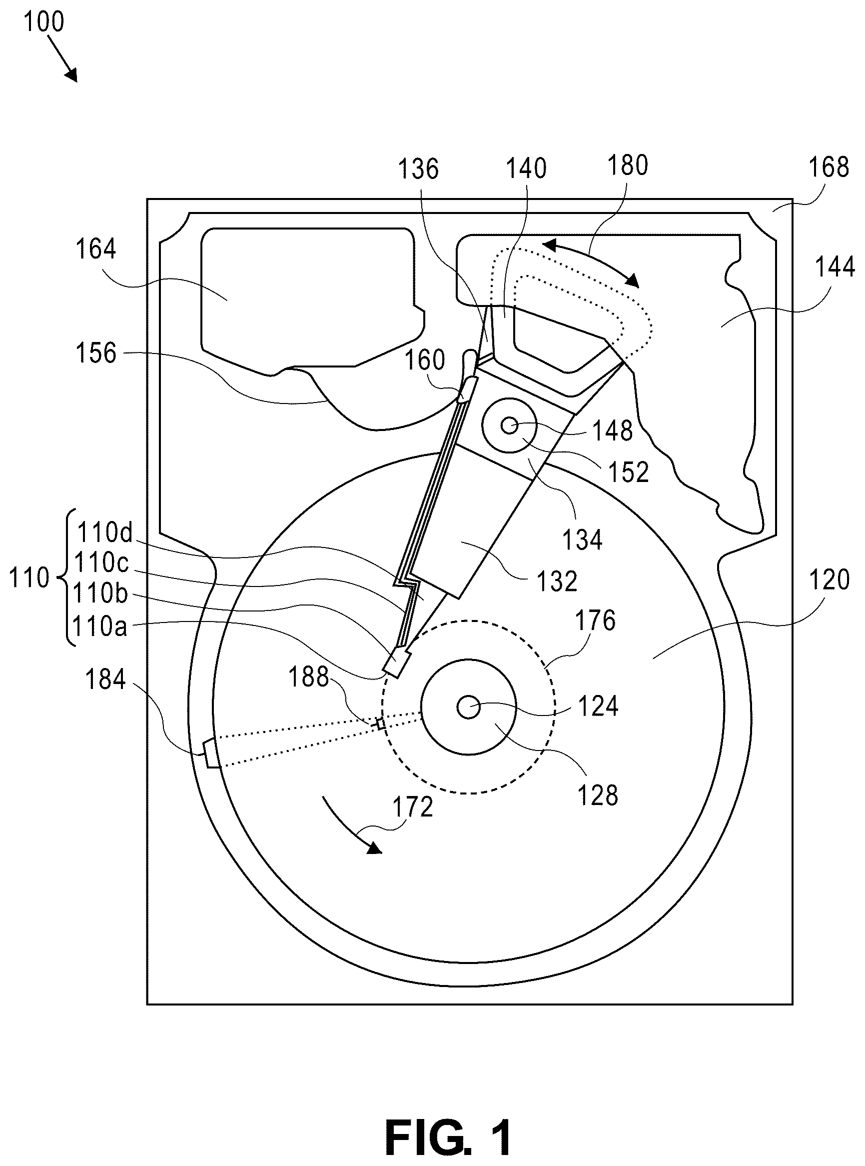 Patent US12567447 Figure 1 – Hard disk drive spoiler with top disk flow mitigation