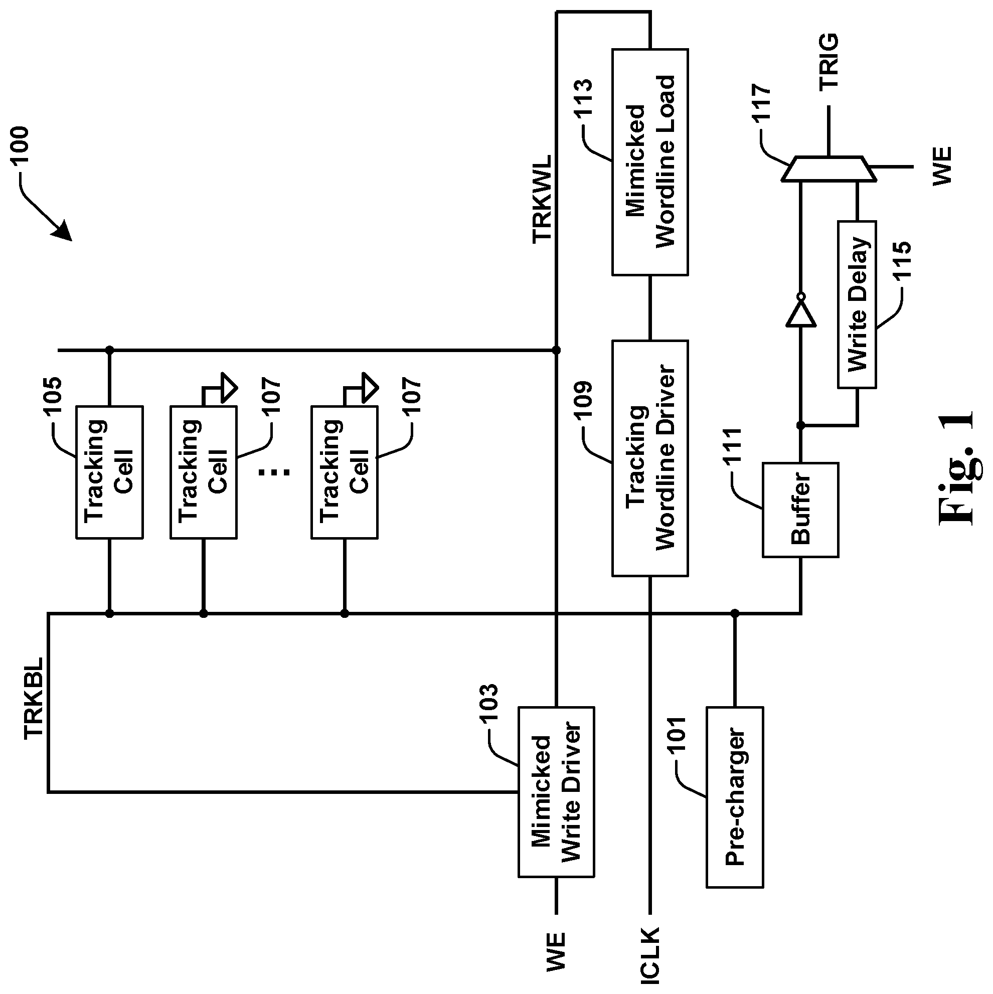 Patent US12567460 Figure 1 – Tracking worst case memory cells by suppressing tracking wordline voltage
