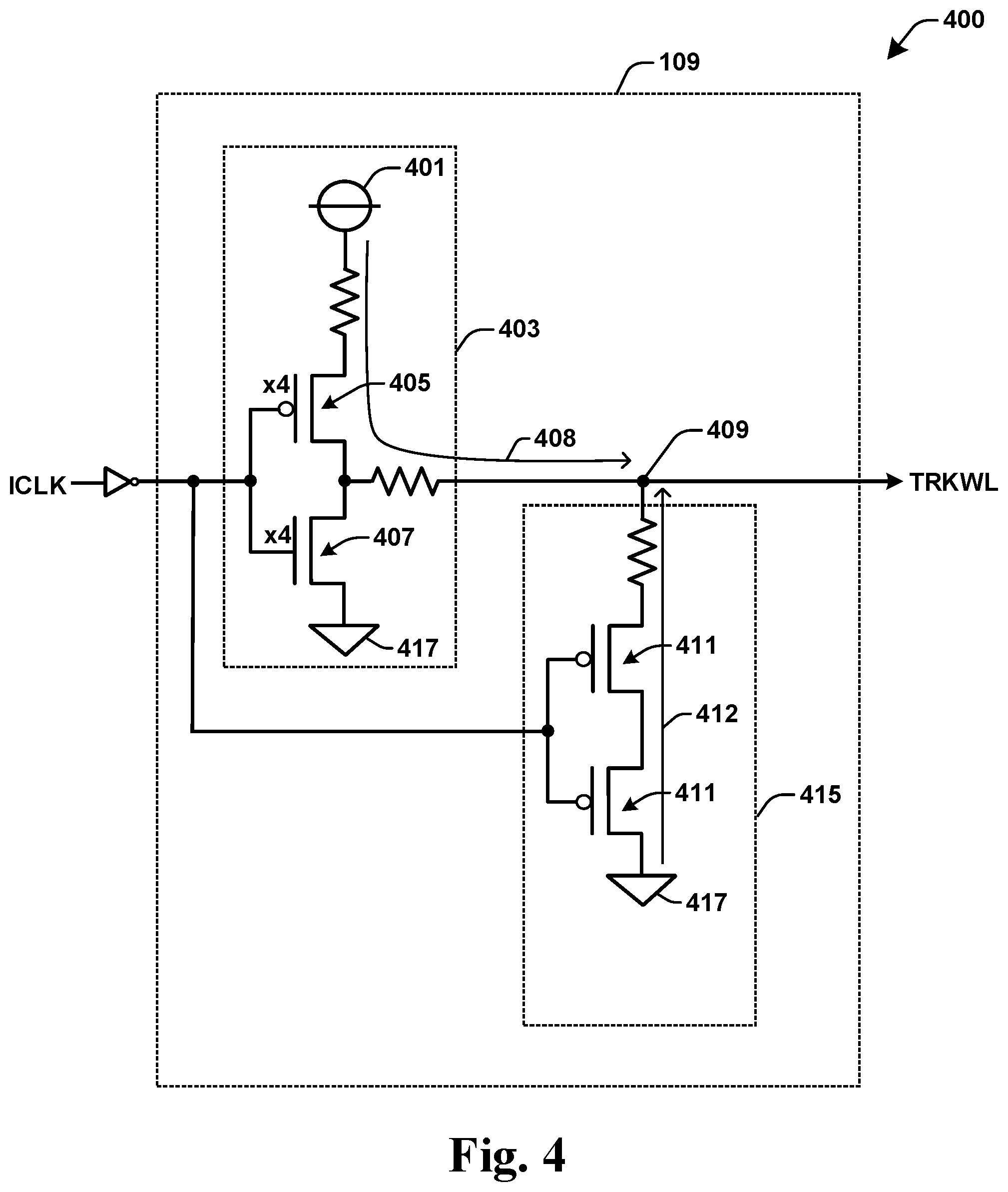 Patent US12567460 Figure 4 – Tracking worst case memory cells by suppressing tracking wordline voltage