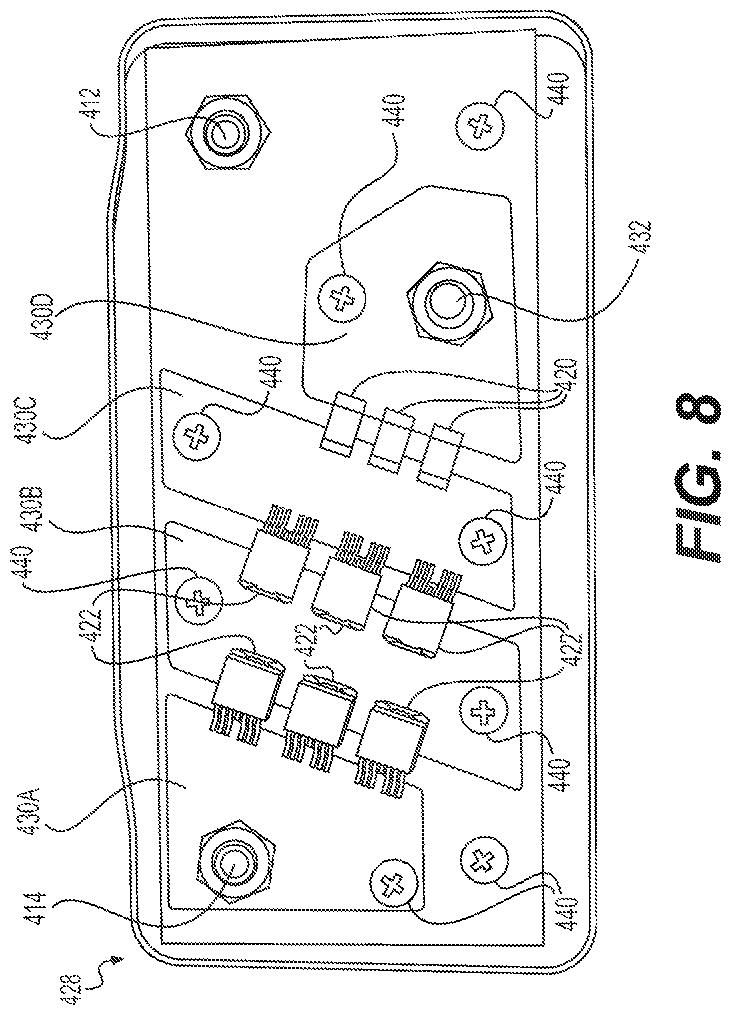 Patent US12567607 Figure 8 – Lithium-ion battery management system (BMS) having compact heat sinking arrangement, lithium-ion battery having BMS with compact heat sinking arrangement, and method of making BMS with compact heat sinking arrangement
