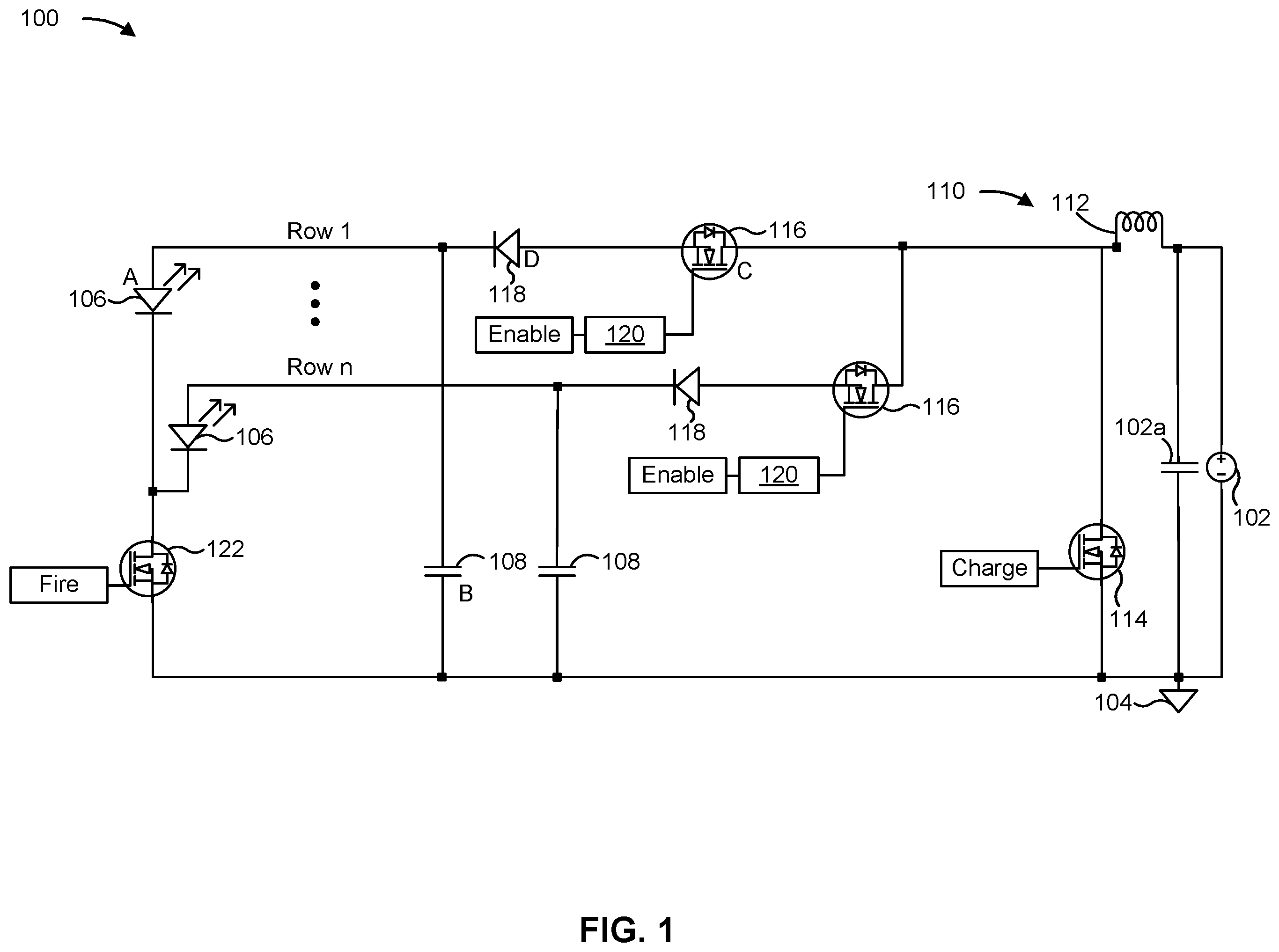 Patent US12567720 Figure 1 – Driver circuit for an addressable array of optical emitters