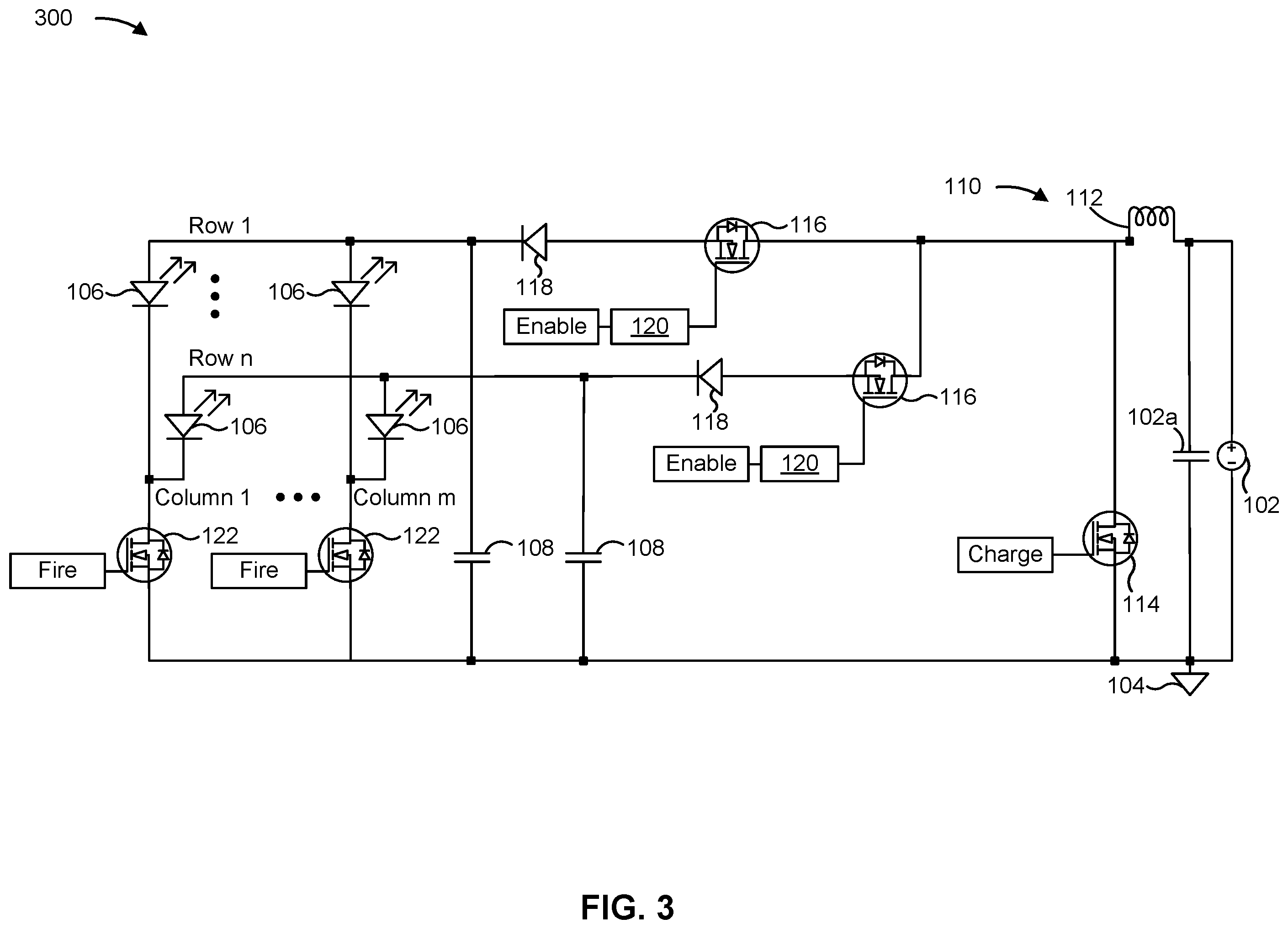 Patent US12567720 Figure 3 – Driver circuit for an addressable array of optical emitters
