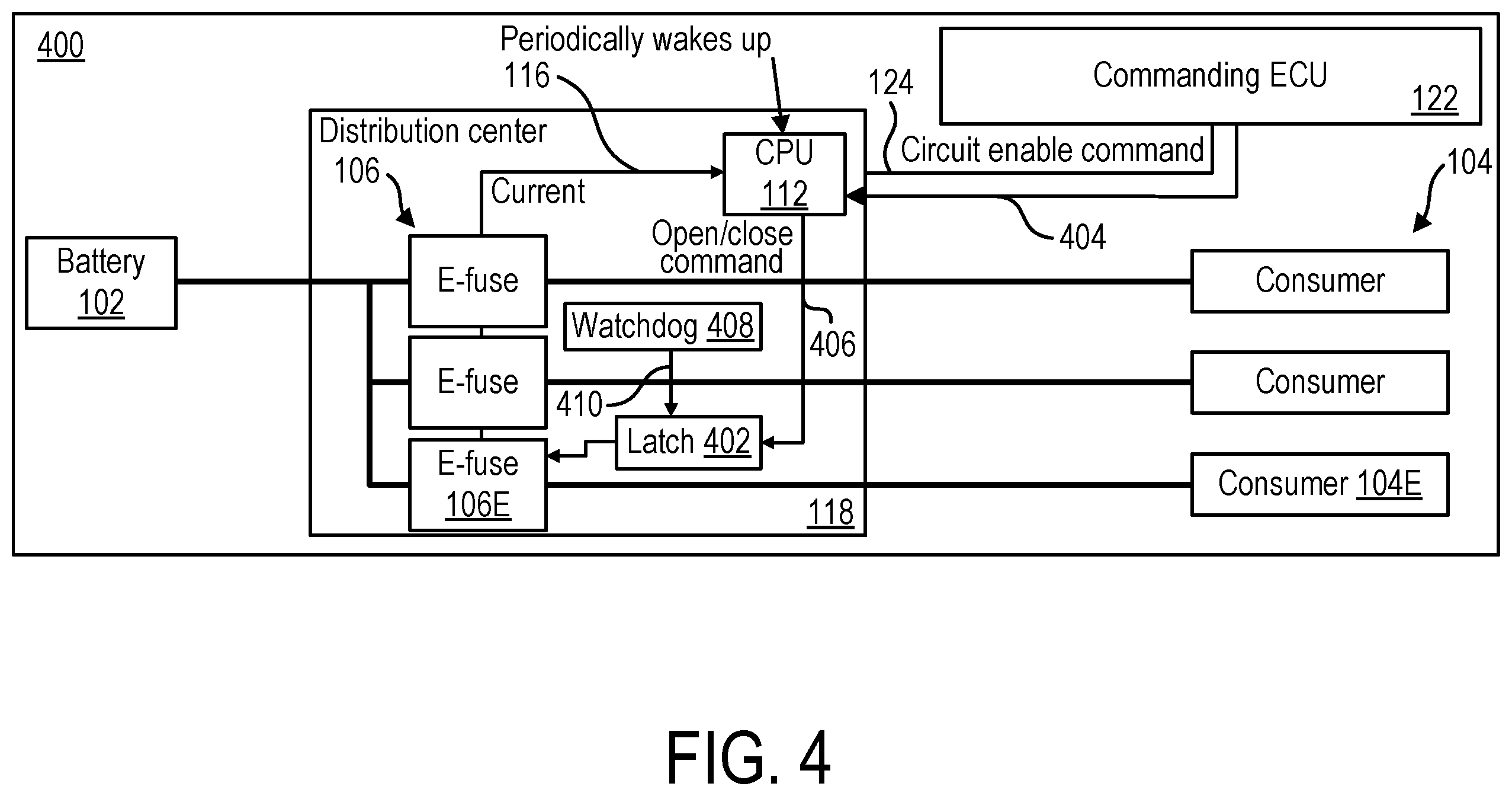 Patent US12567734 Figure 4 – Vehicle low-voltage power distribution without fuses