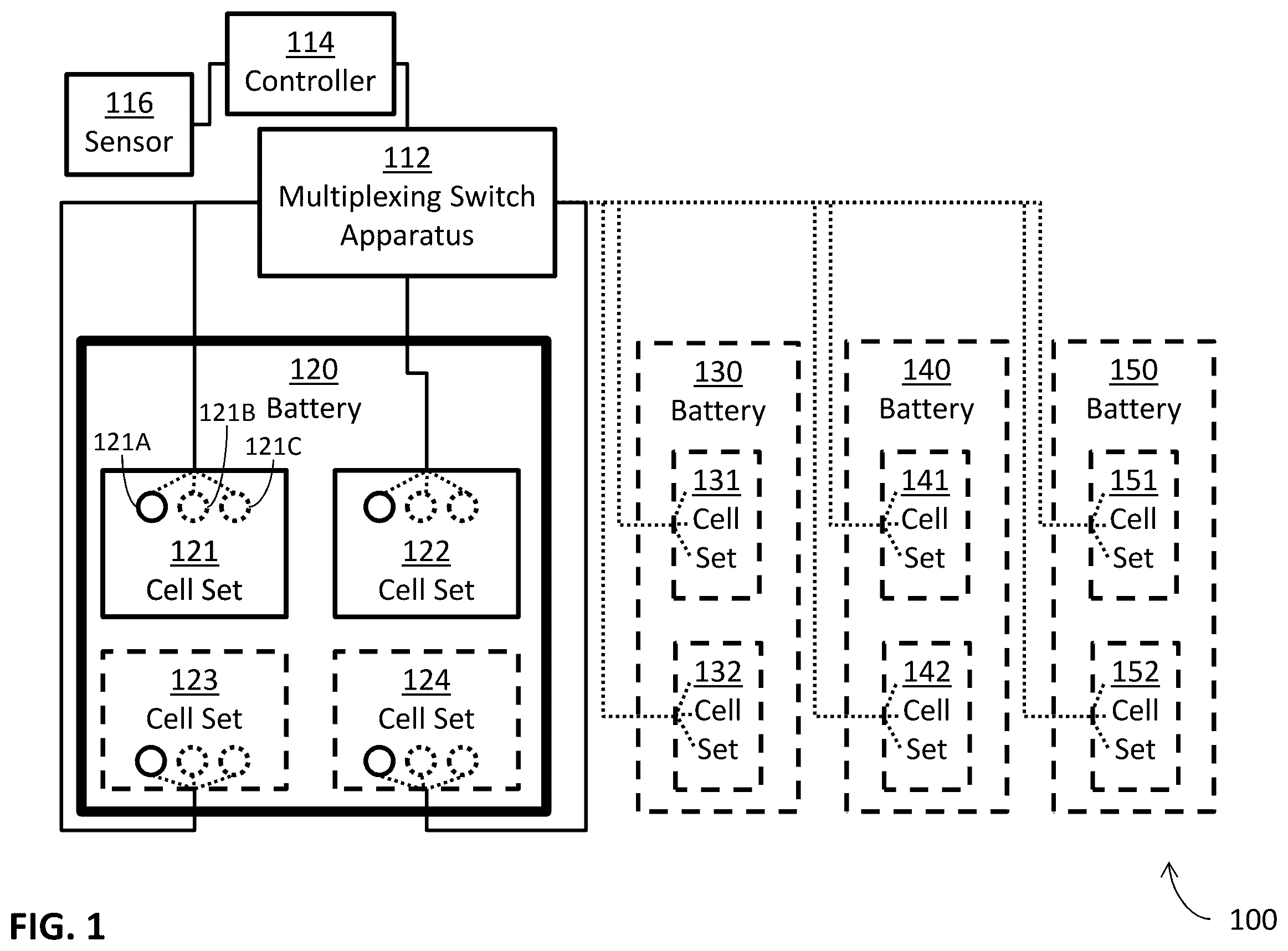 Patent US12567752 Figure 1 – Multiplexed charge discharge battery management system