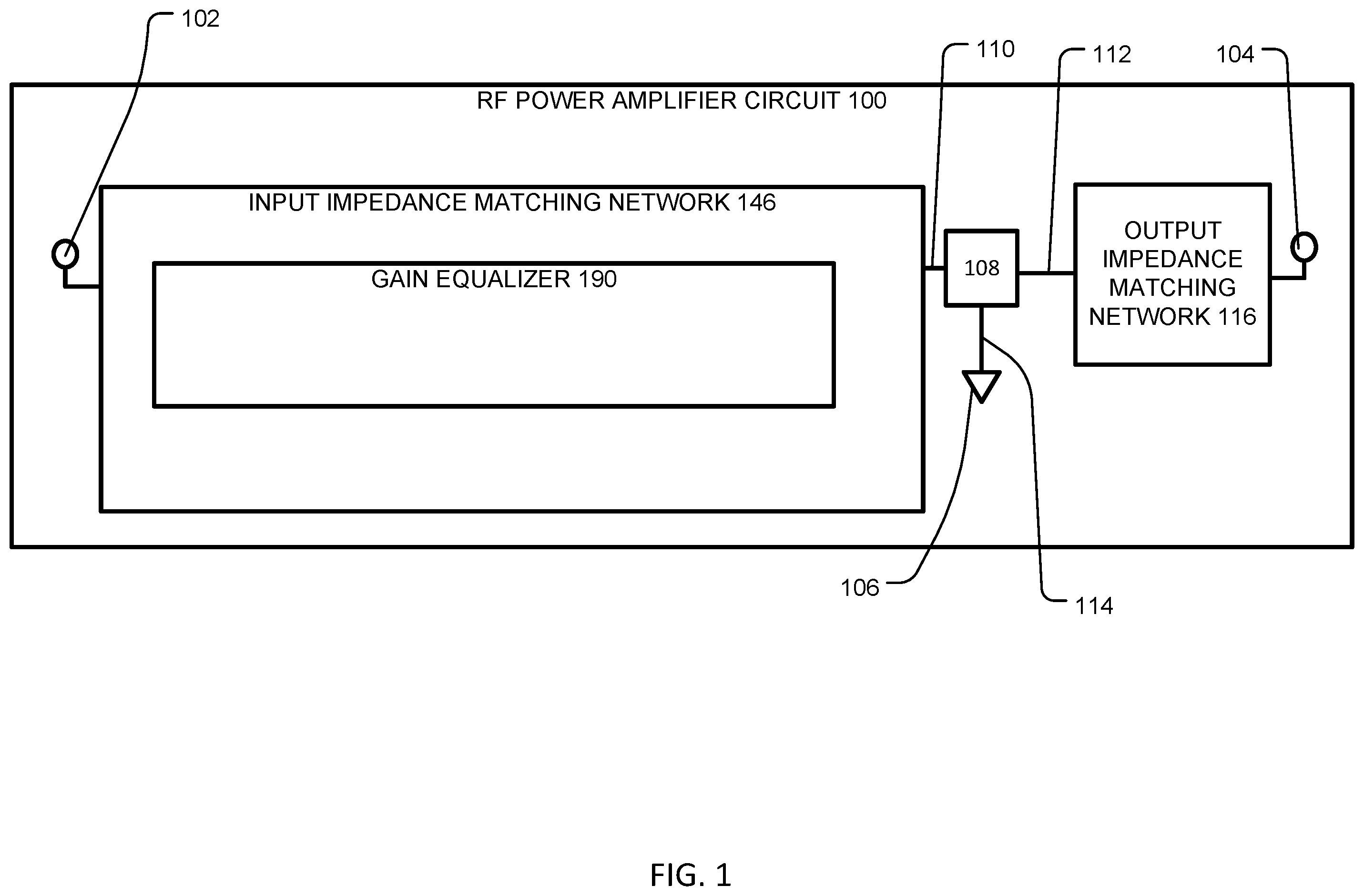 Patent US12567842 Figure 1 – Radio frequency power amplifier implementing a gain equalizer and a process of implementing the same