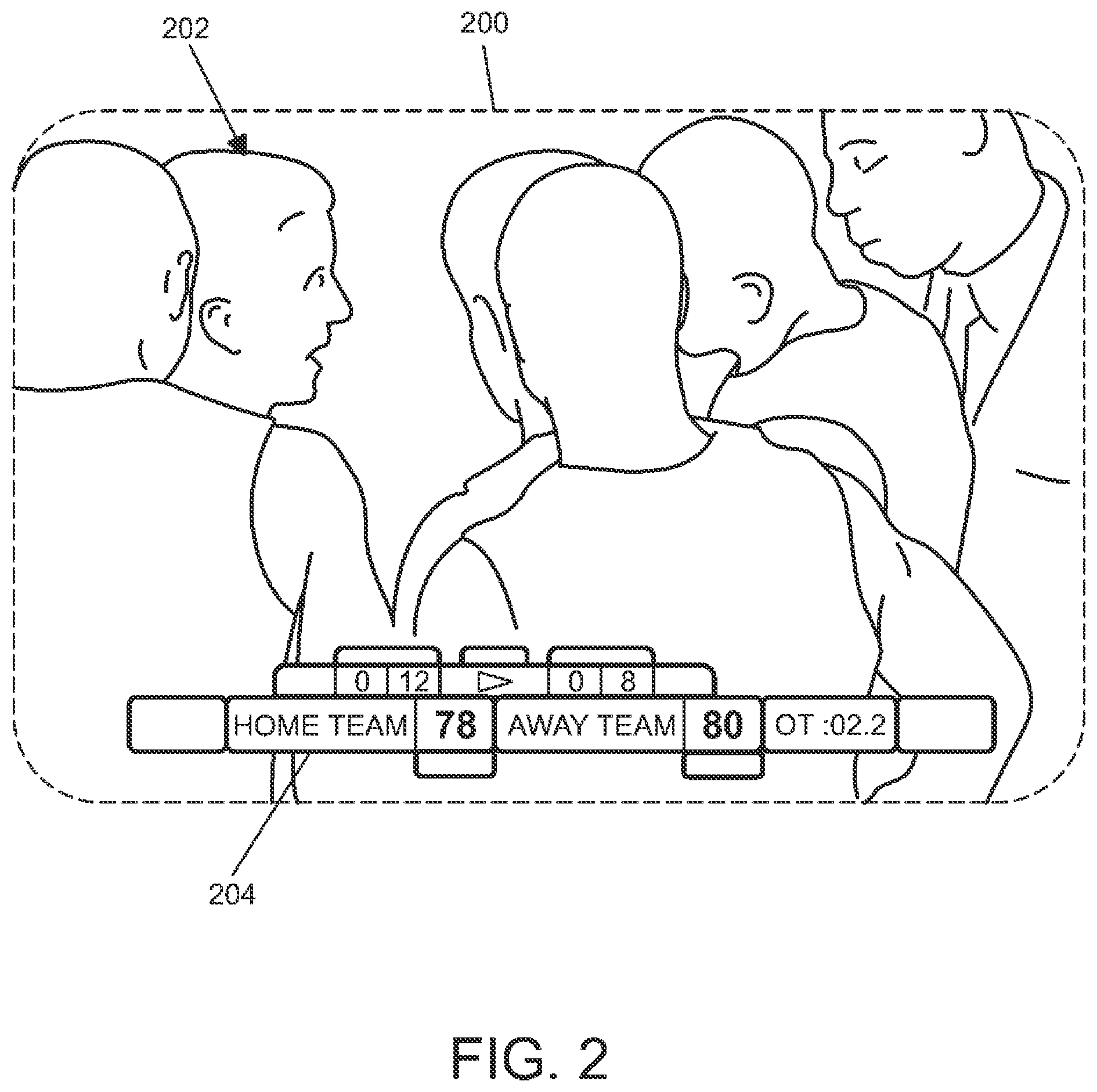Patent US12568133 Figure 2 – Mobile device displaying real time sports statistics