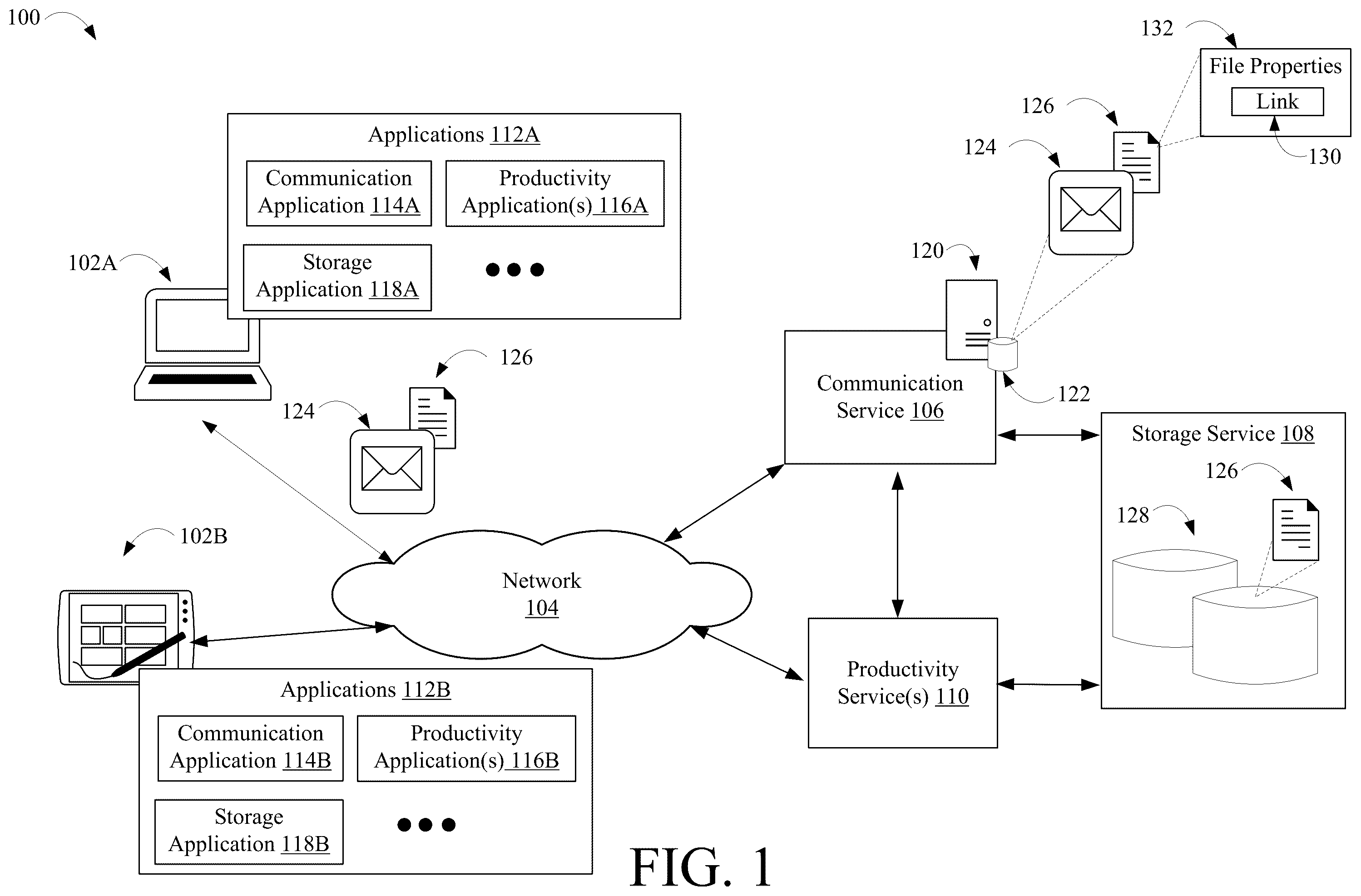 Patent US12568139 Figure 1 – Establishment of persistent connection between file attachments uploaded to cloud storage and associated electronic communications