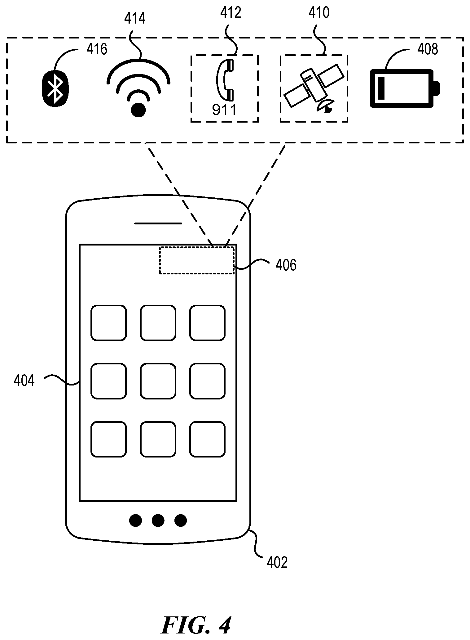 Patent US12568165 Figure 4 – Non-terrestrial network connection icon