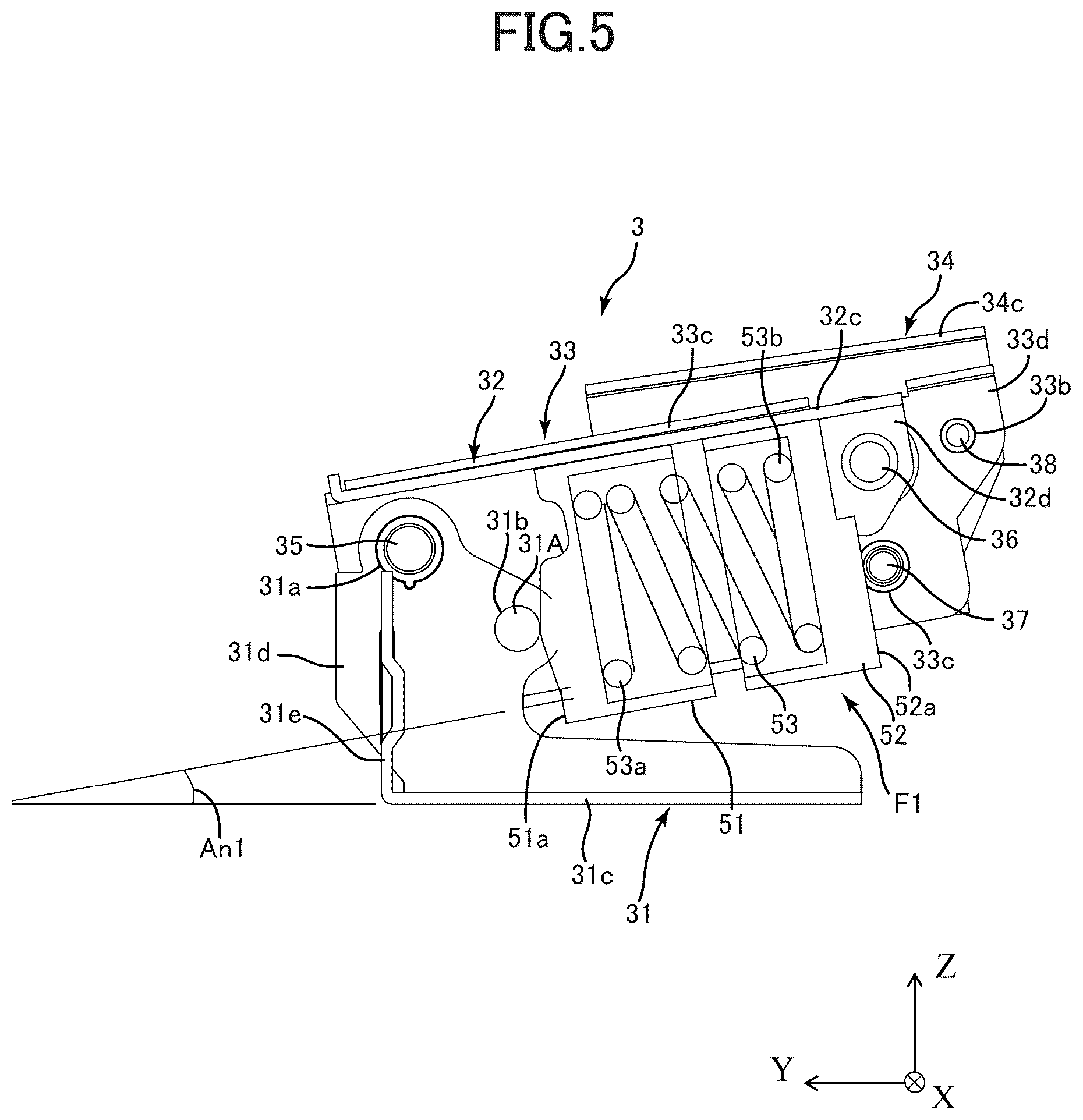Patent US12568177 Figure 5 – Document reading apparatus and image forming apparatus including hinge mechanism that supports a document conveyance unit