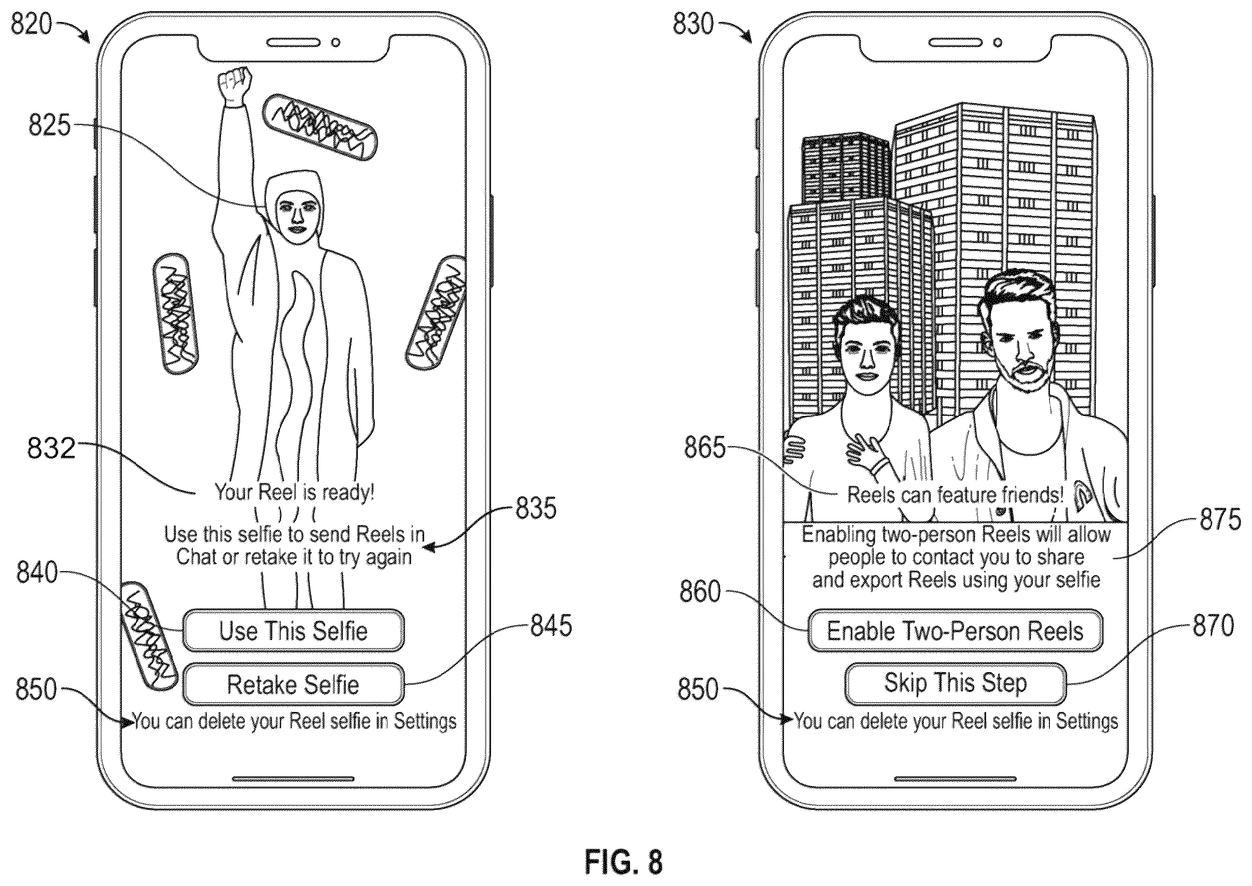 Patent US12568179 Figure 8 – Personalized videos featuring multiple persons