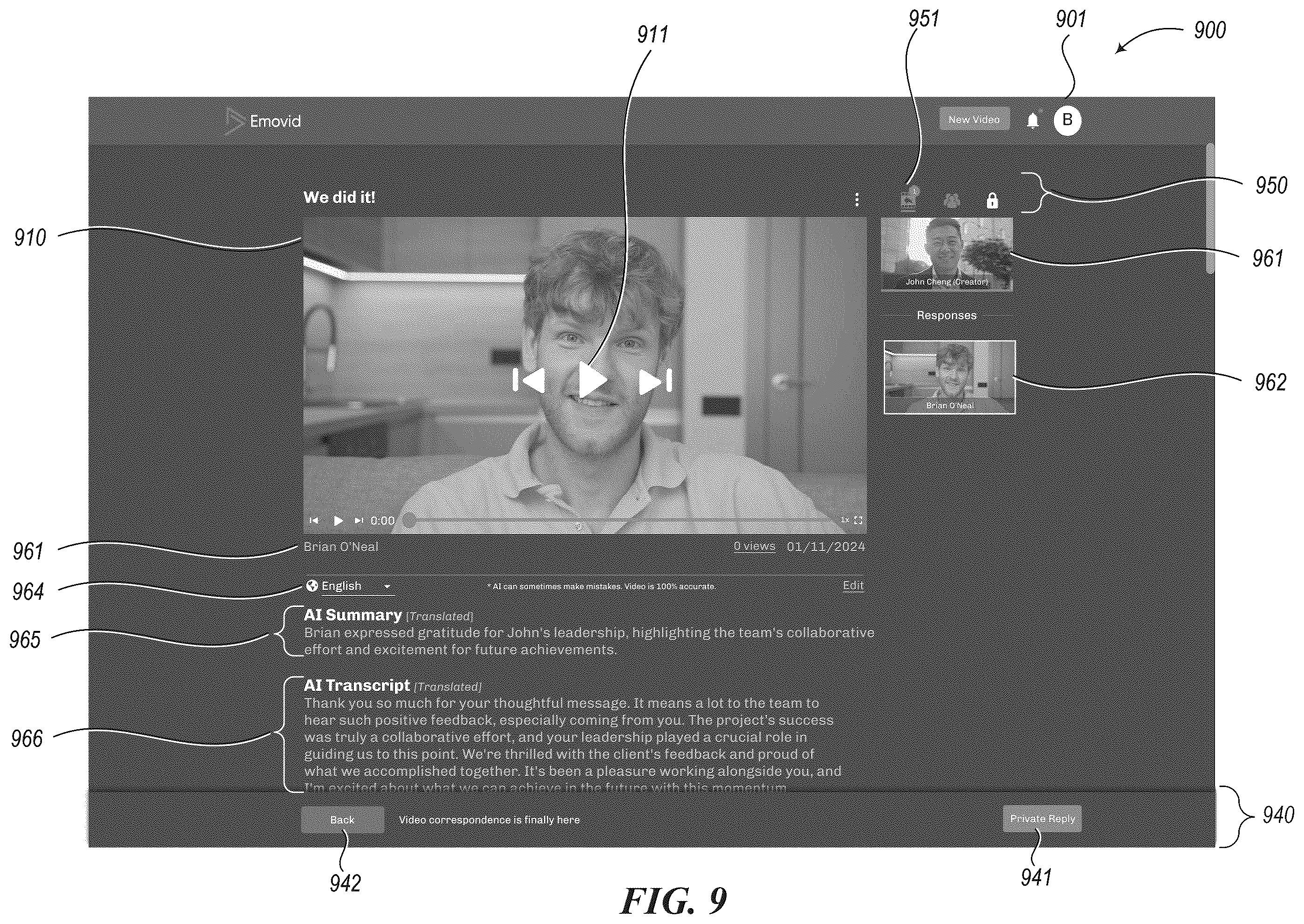 Patent US12568265 Figure 9 – Tools for managing parallel video segment exchanges with members of a group of people