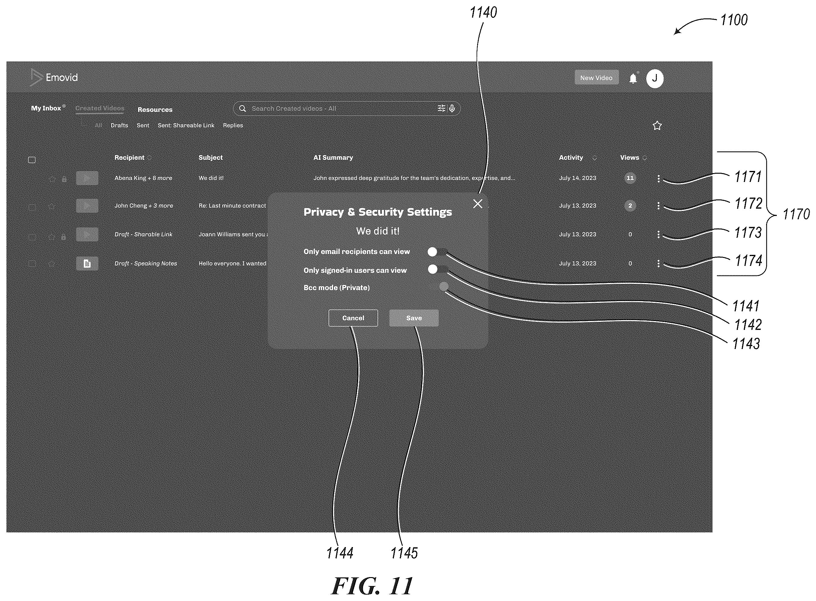 Patent US12568265 Figure 11 – Tools for managing parallel video segment exchanges with members of a group of people