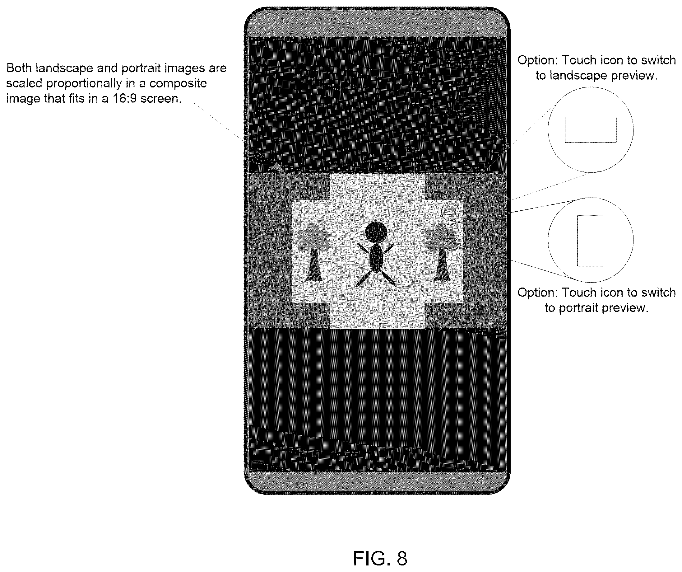 Patent US12568318 Figure 8 – Simultaneously capturing images in landscape and portrait modes