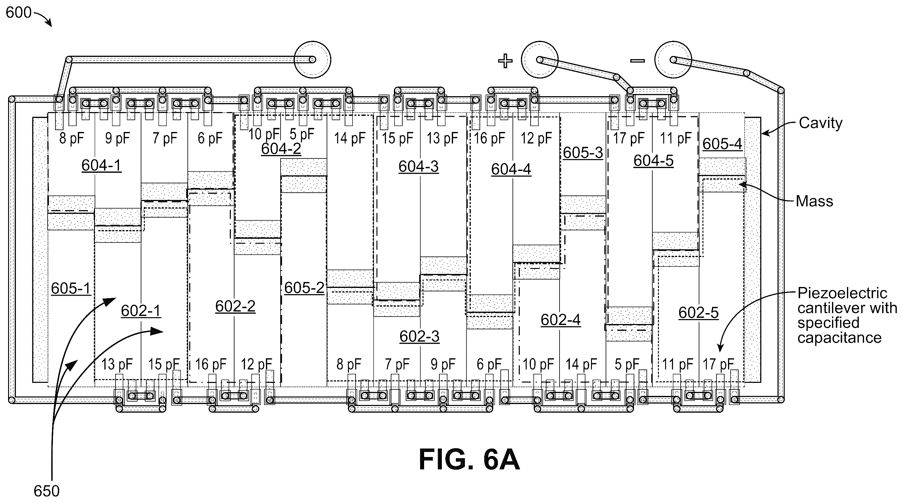 Patent US12568328 Figure 6 – Piezoelectric voice accelerometer with back cavity air pressure coupling and multiple resonance peaks