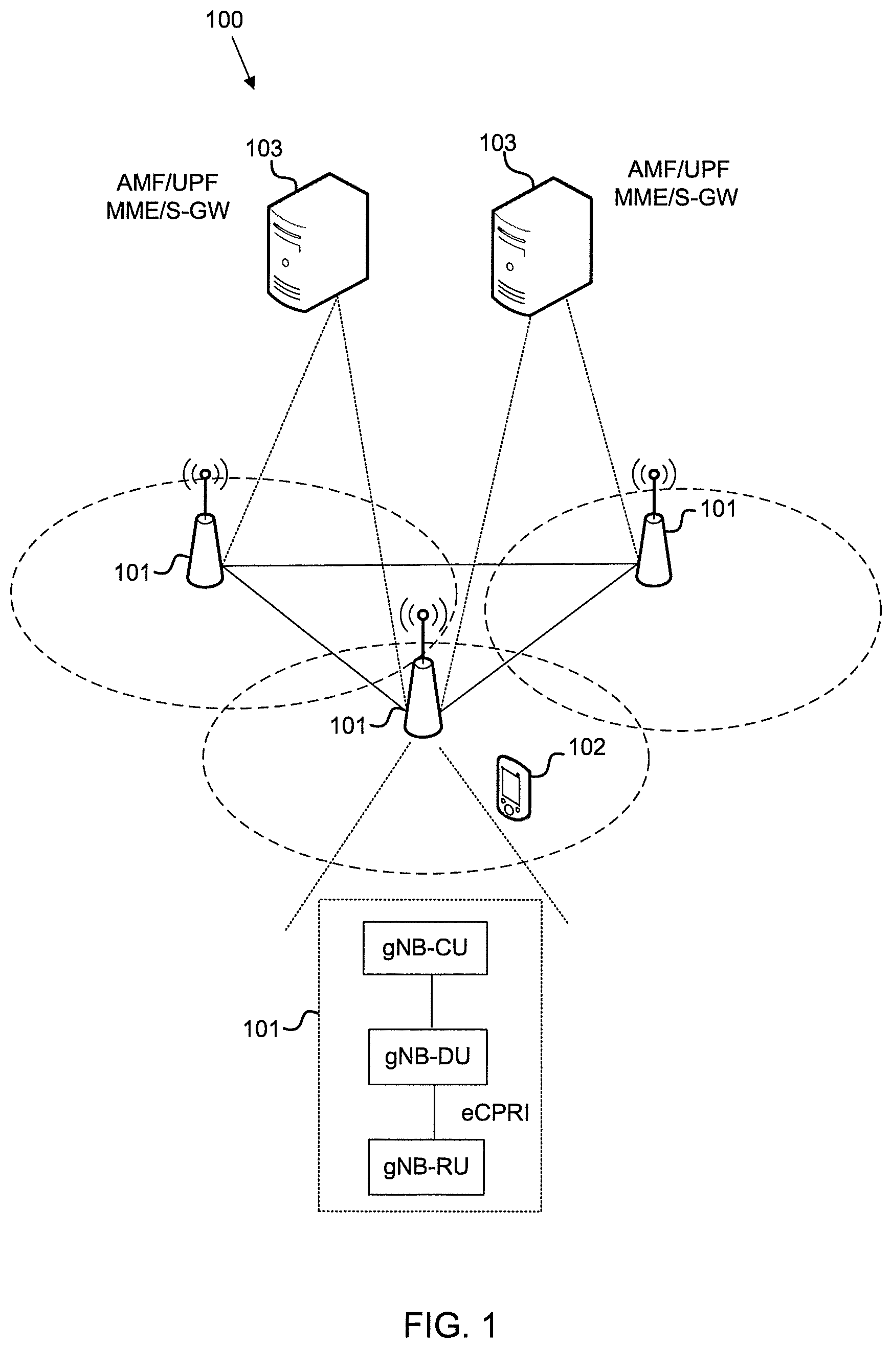 Patent US12568457 Figure 1 – Time of arrival method for UE positioning in distributed RAN system architecture
