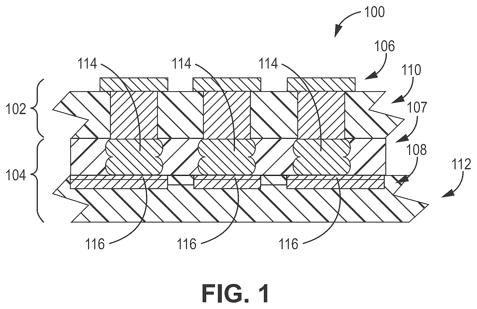 Patent US12568576 Figure 1 – Stud bumped printed circuit assembly
