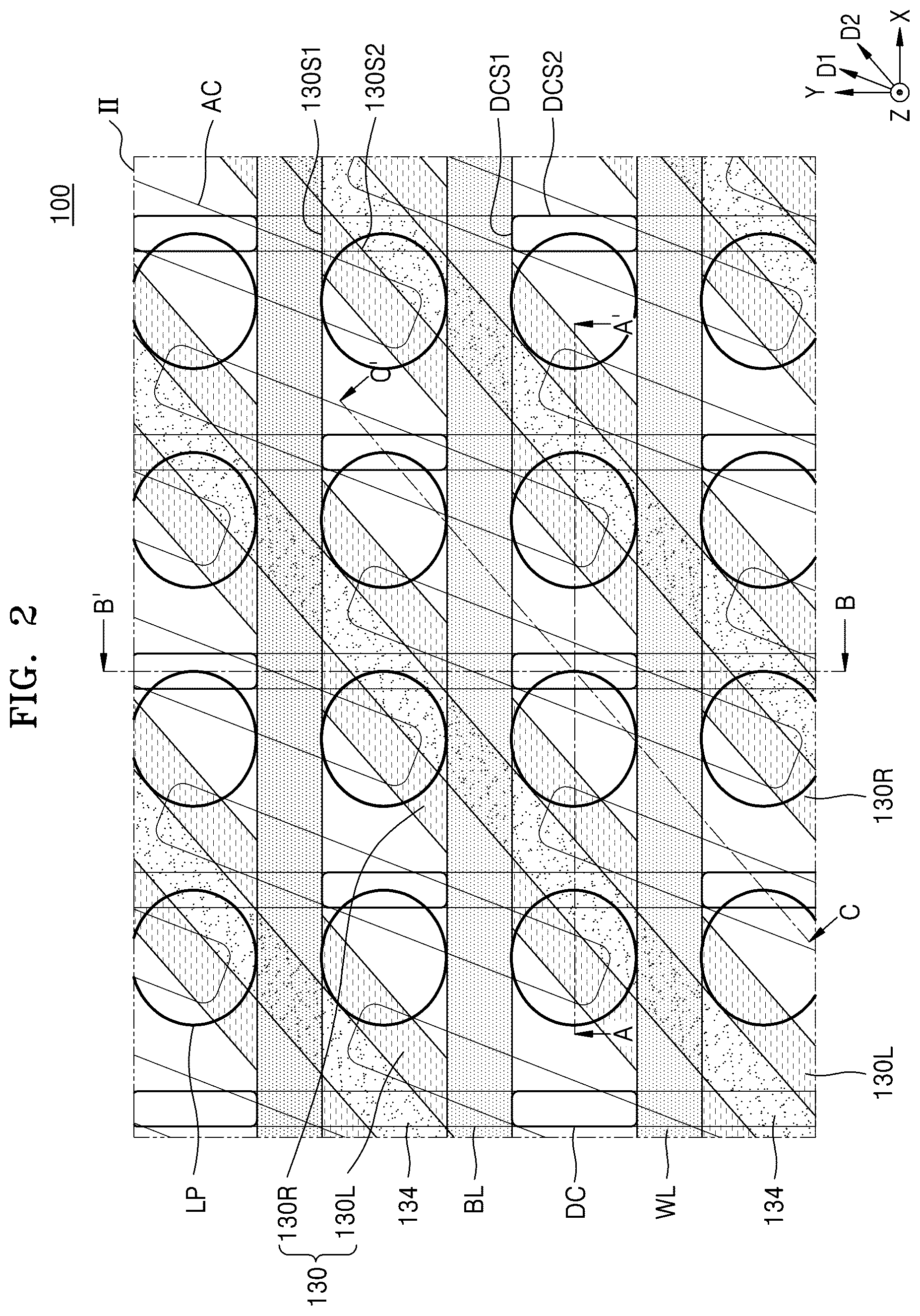 Patent US12568611 Figure 2 – Memory device with cell pads having diagonal sidewalls