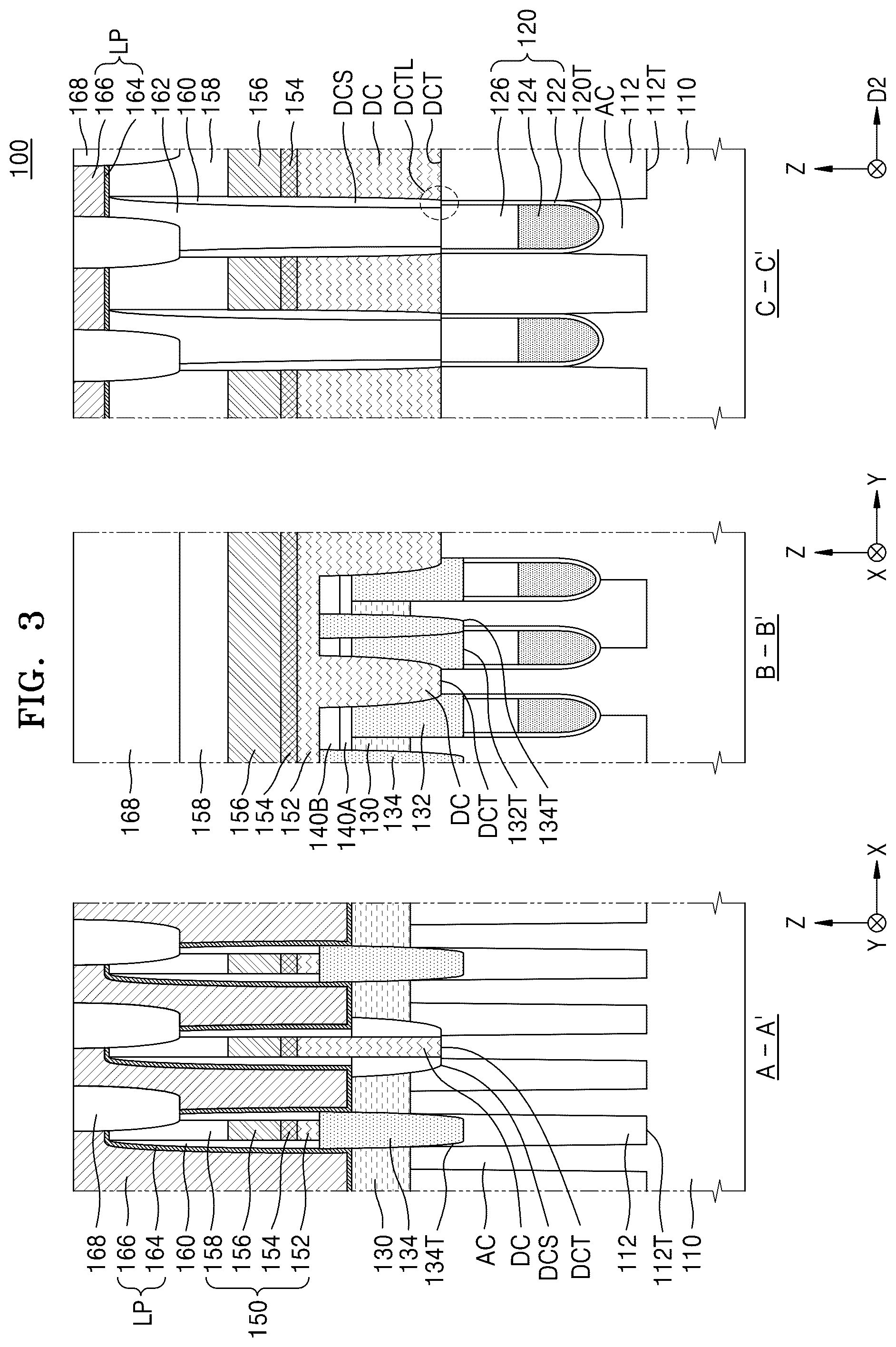 Patent US12568611 Figure 3 – Memory device with cell pads having diagonal sidewalls