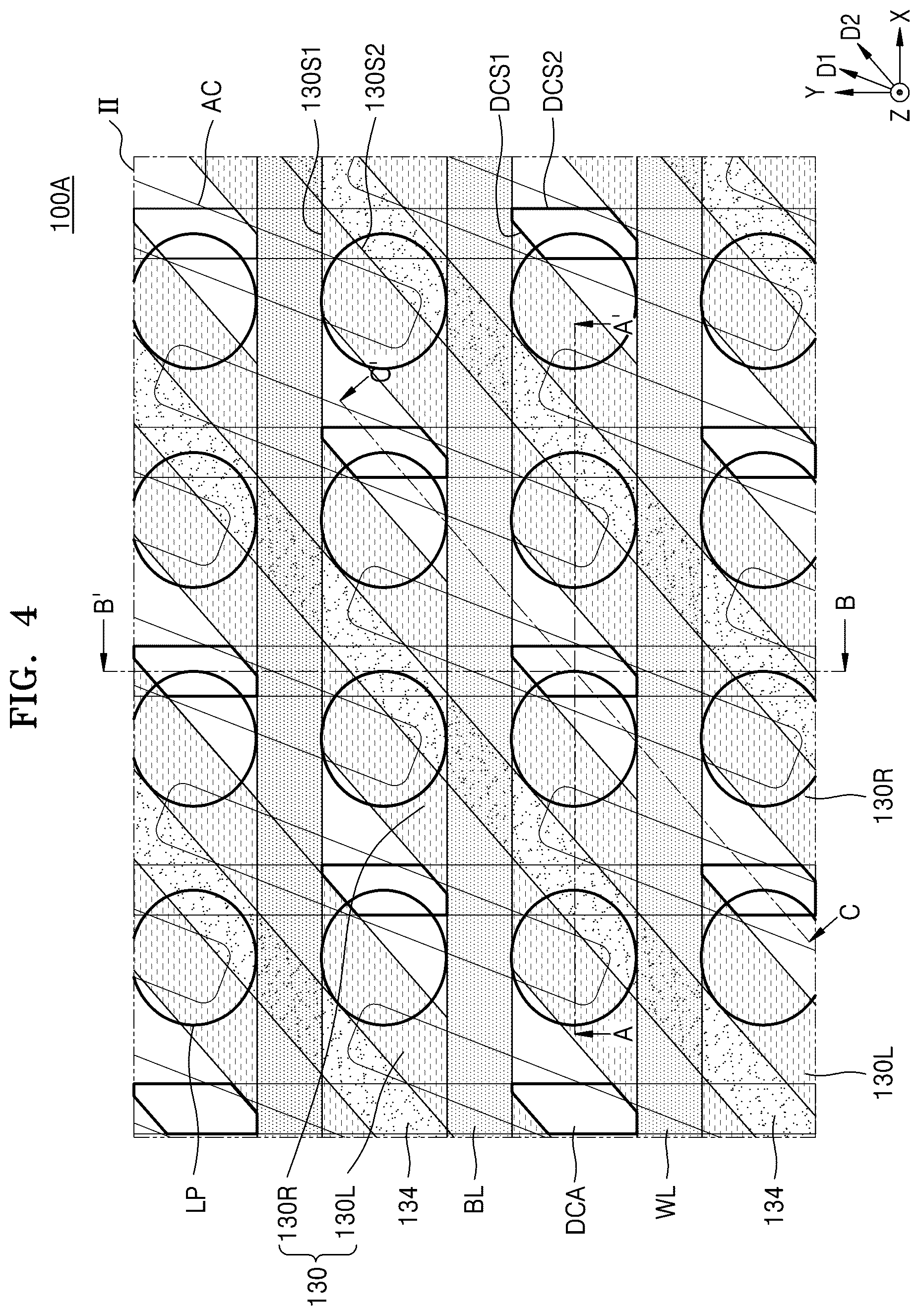 Patent US12568611 Figure 4 – Memory device with cell pads having diagonal sidewalls