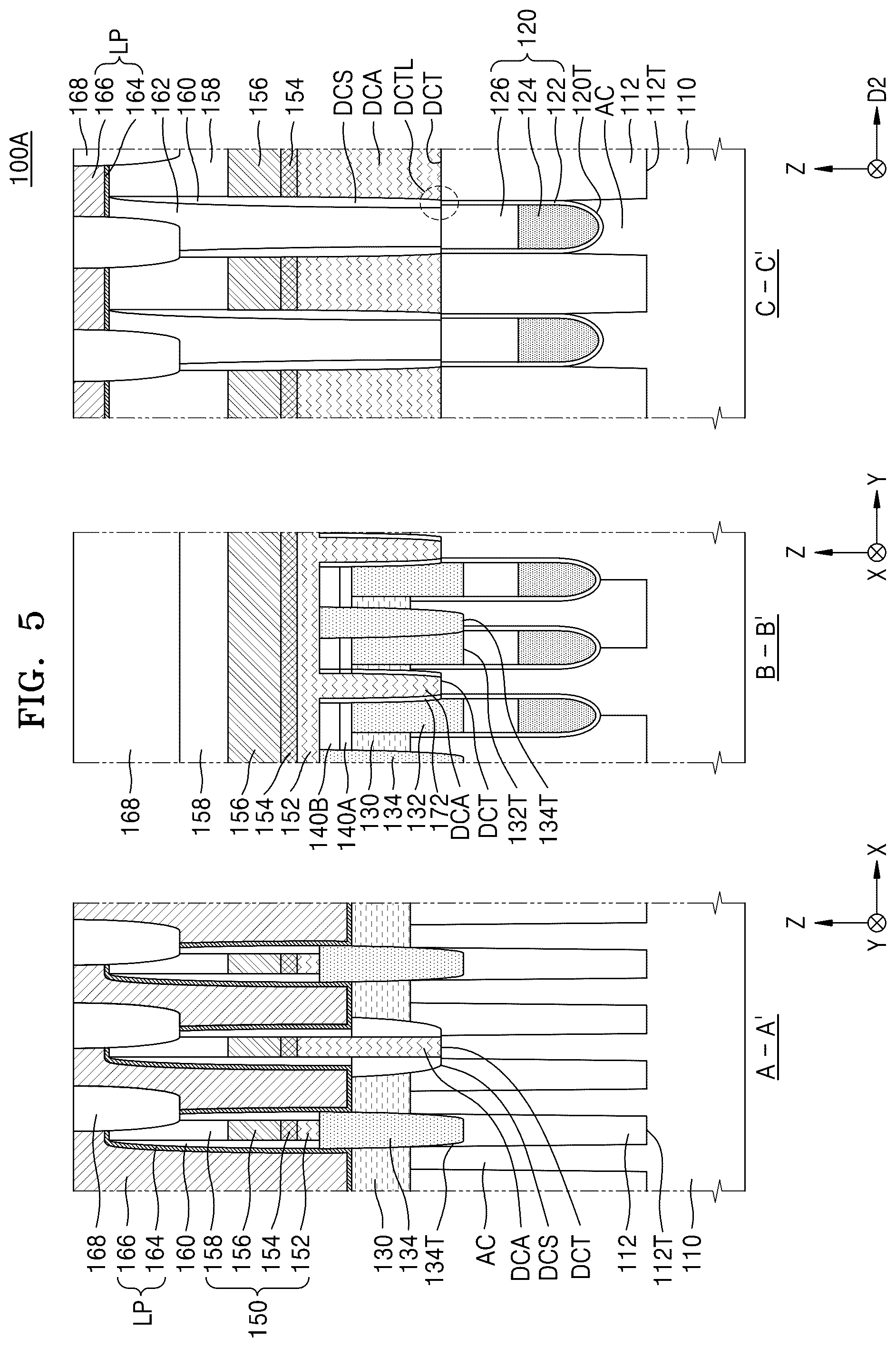 Patent US12568611 Figure 5 – Memory device with cell pads having diagonal sidewalls