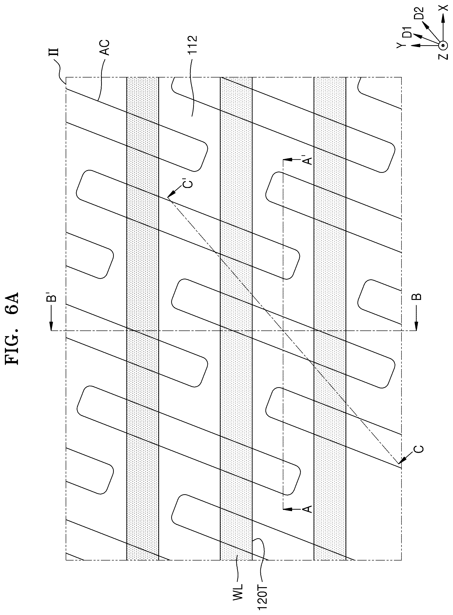 Patent US12568611 Figure 6 – Memory device with cell pads having diagonal sidewalls