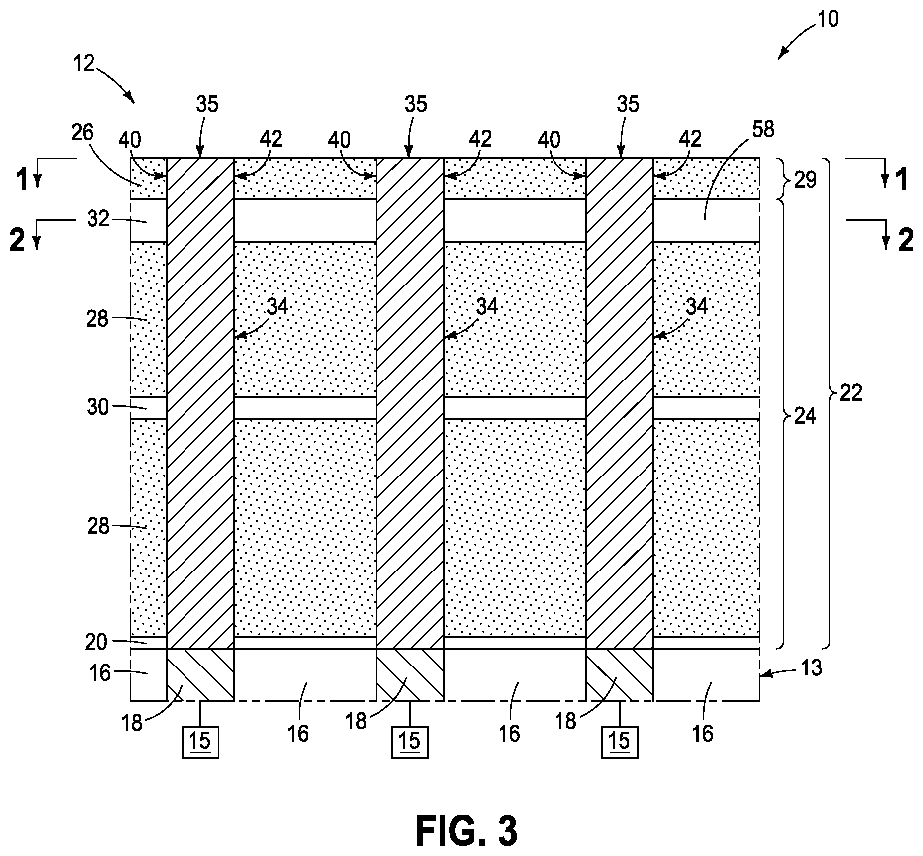 Patent US12568612 Figure 2 – Arrays of capacitors, methods used in forming integrated circuitry, and methods used in forming an array of capacitors