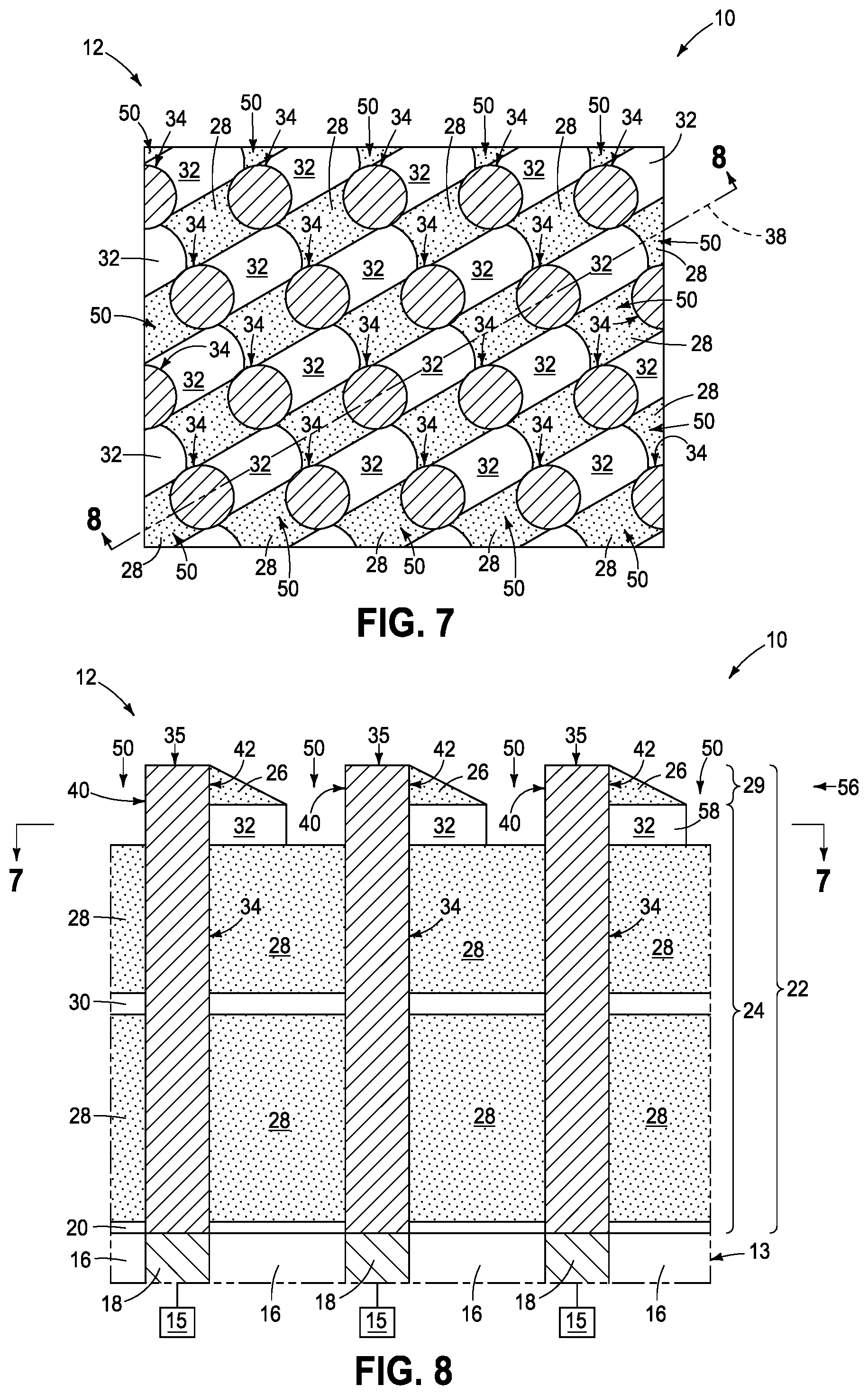 Patent US12568612 Figure 5 – Arrays of capacitors, methods used in forming integrated circuitry, and methods used in forming an array of capacitors