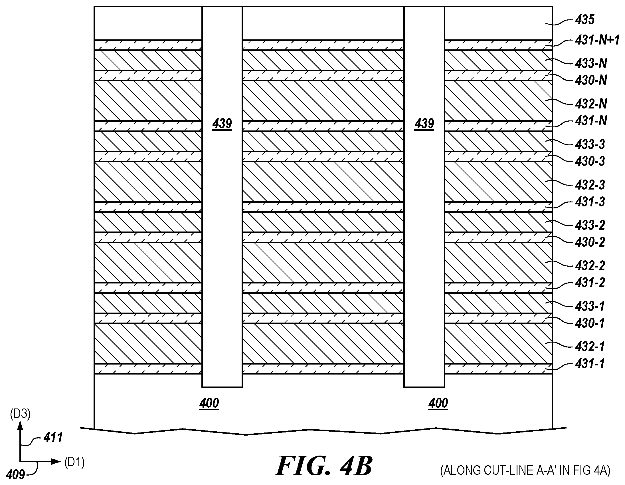 Patent US12568615 Figure 8 – Support pillars with multiple, alternating epitaxial silicon for horizontal access devices in vertical three-dimensional (3D) memory
