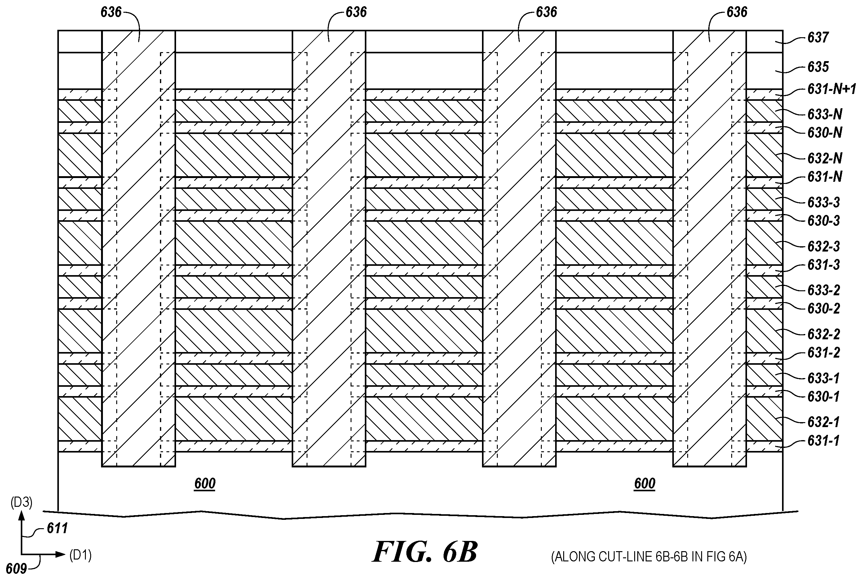 Patent US12568615 Figure 11 – Support pillars with multiple, alternating epitaxial silicon for horizontal access devices in vertical three-dimensional (3D) memory
