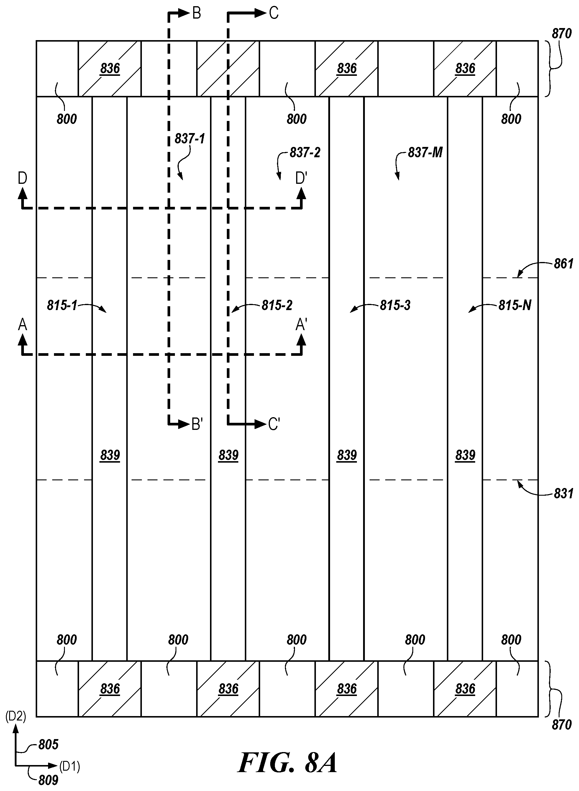 Patent US12568615 Figure 14 – Support pillars with multiple, alternating epitaxial silicon for horizontal access devices in vertical three-dimensional (3D) memory