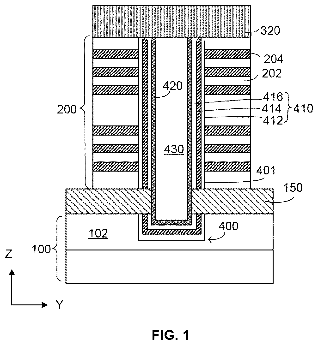 Patent US12568624 Figure 1 – Memory device containing TSG deck and method of forming the same