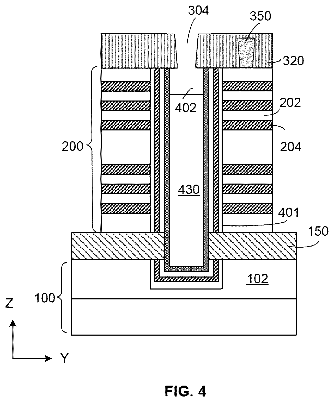 Patent US12568624 Figure 4 – Memory device containing TSG deck and method of forming the same