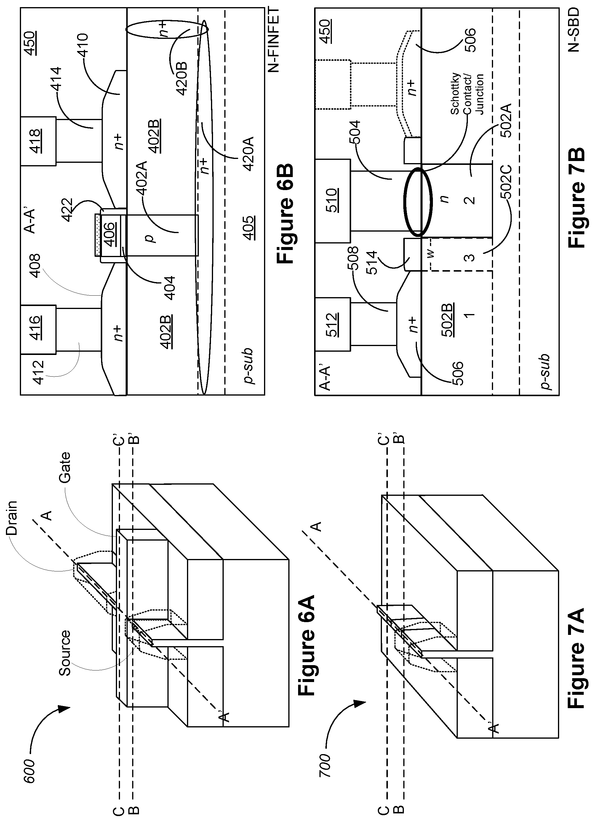 Patent US12568635 Figure 6 – Integration of FinFETs and schottky diodes on a substrate