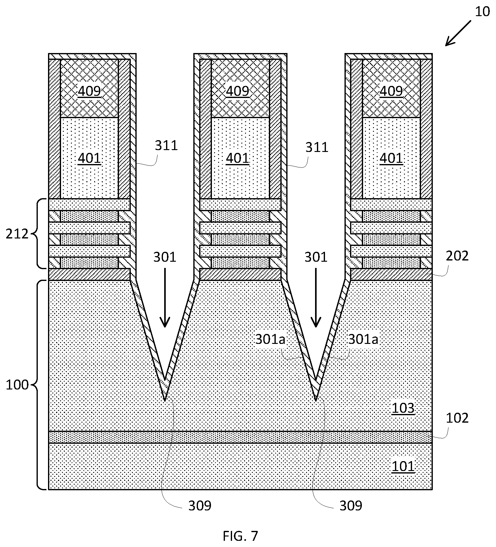 Patent US12568669 Figure 7 – Placeholder profile formation for backside contact