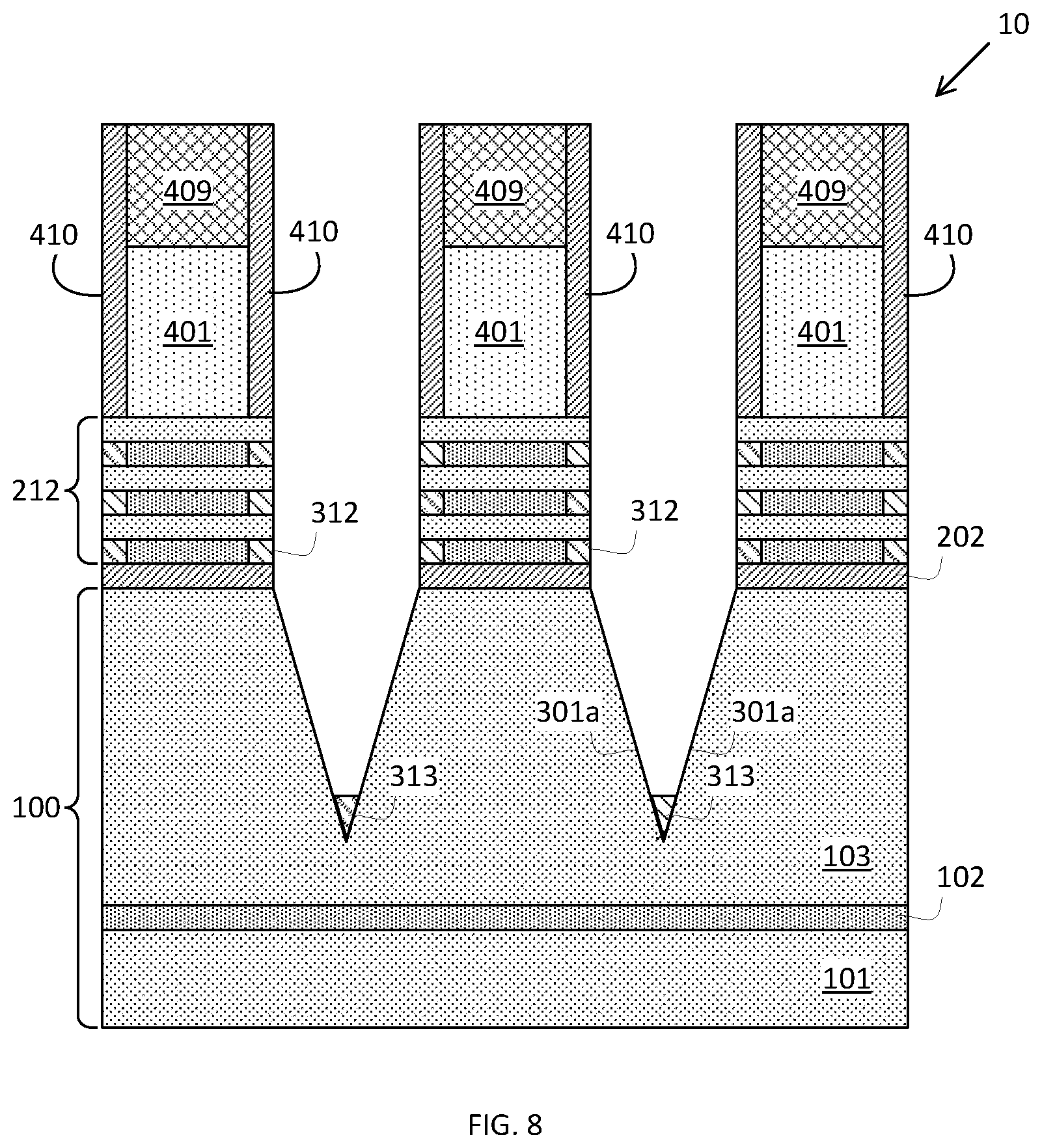 Patent US12568669 Figure 8 – Placeholder profile formation for backside contact