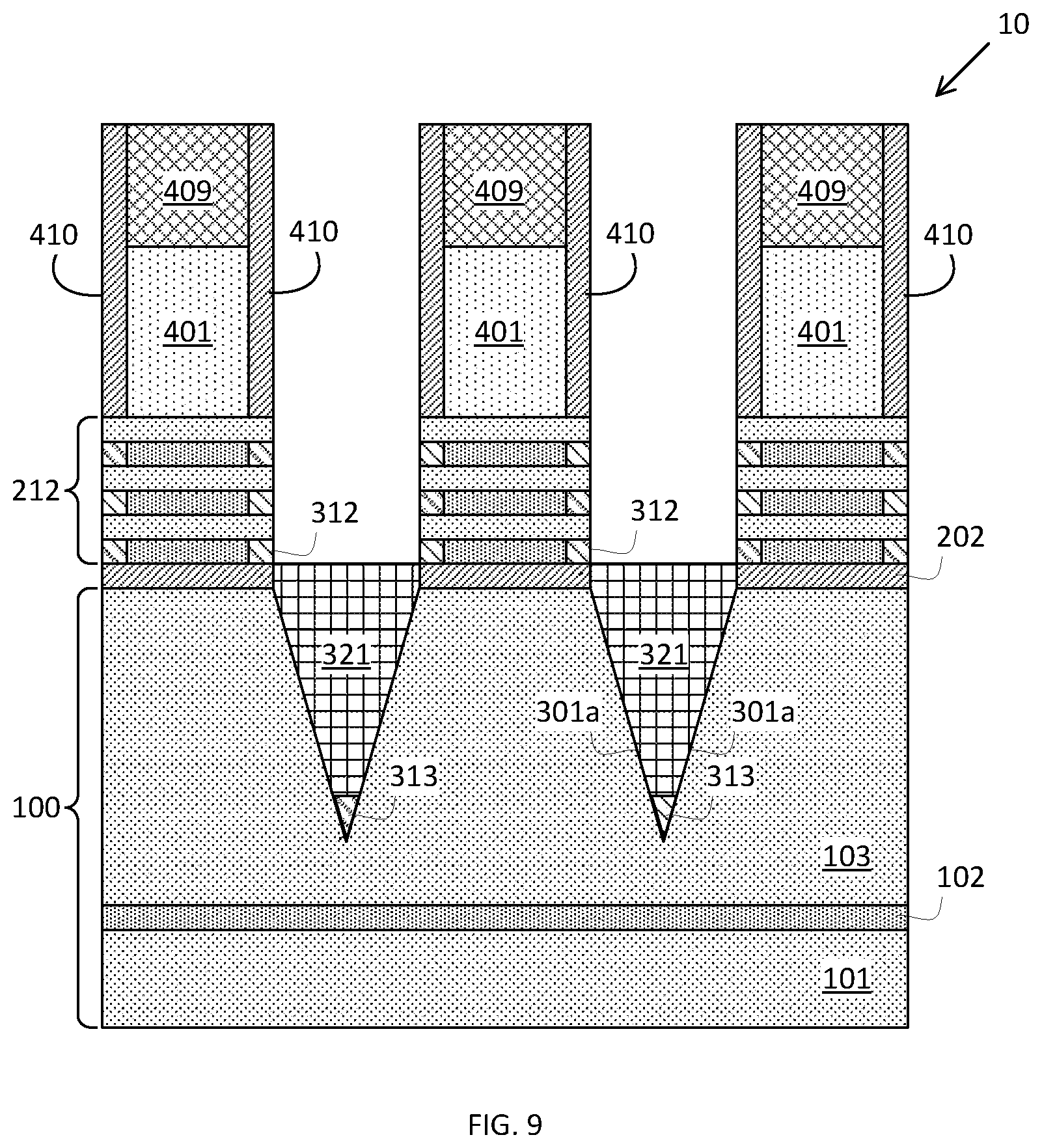 Patent US12568669 Figure 9 – Placeholder profile formation for backside contact