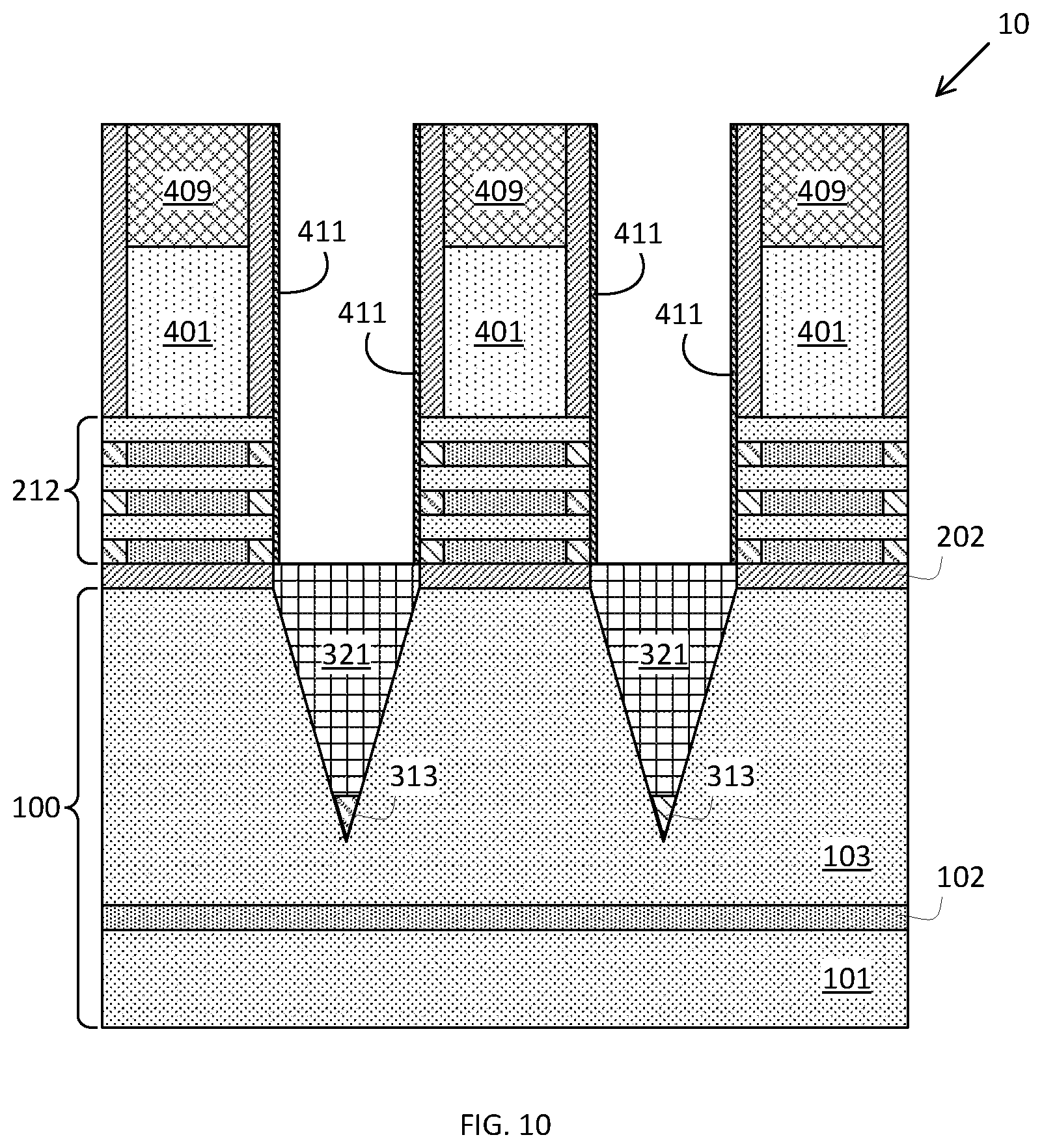 Patent US12568669 Figure 10 – Placeholder profile formation for backside contact