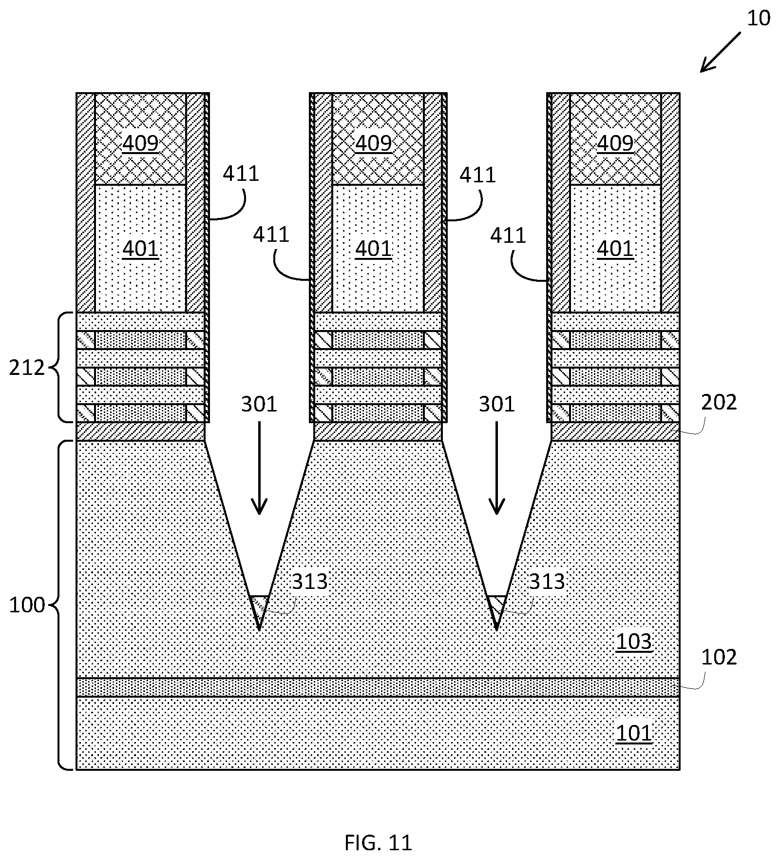 Patent US12568669 Figure 11 – Placeholder profile formation for backside contact
