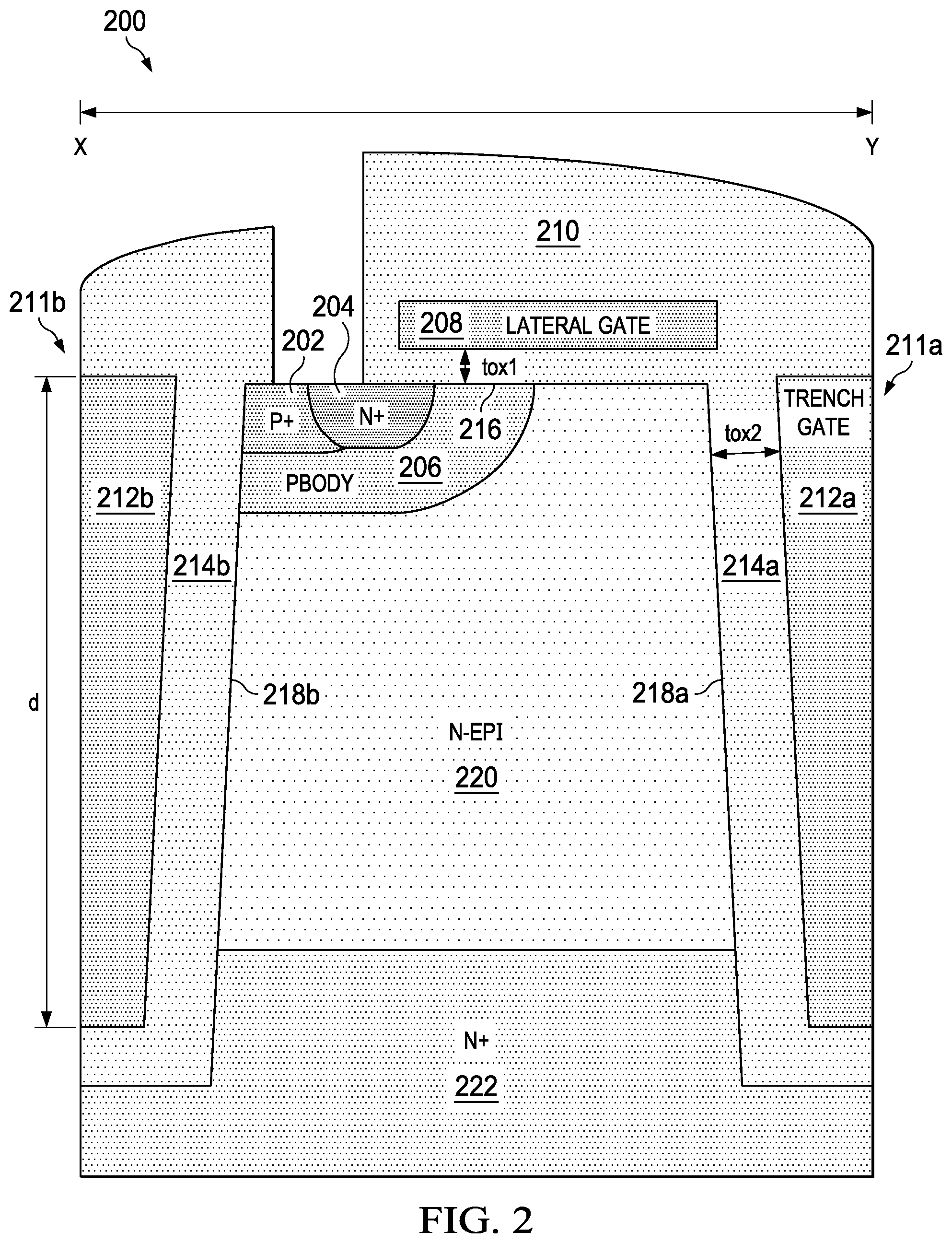 Patent US12568673 Figure 2 – Lateral surface gate vertical field effect transistor with adjustable output capacitance