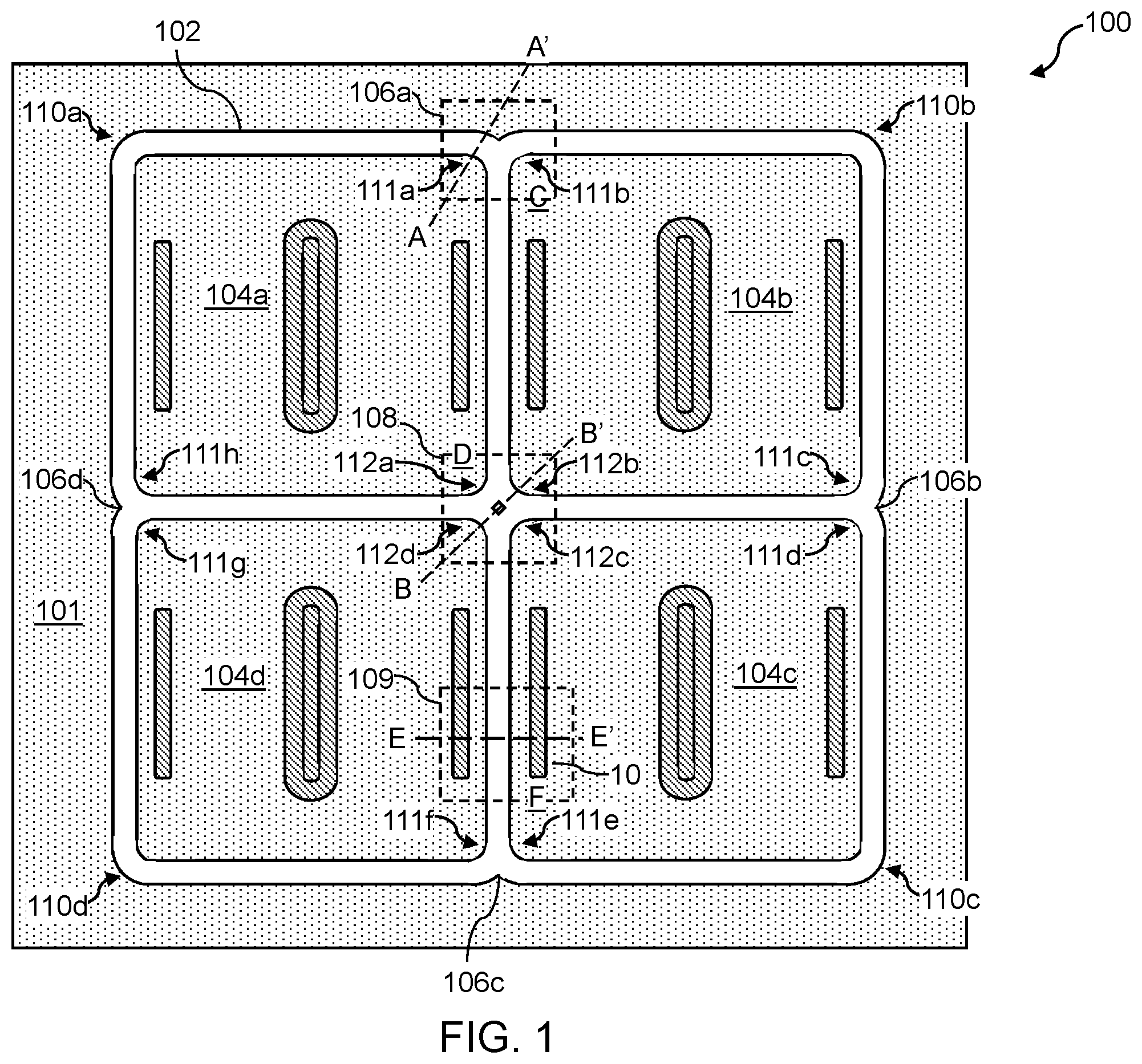 Patent US12568691 Figure 1 – BCD device layout area defined by a deep trench isolation structure and methods for forming the same