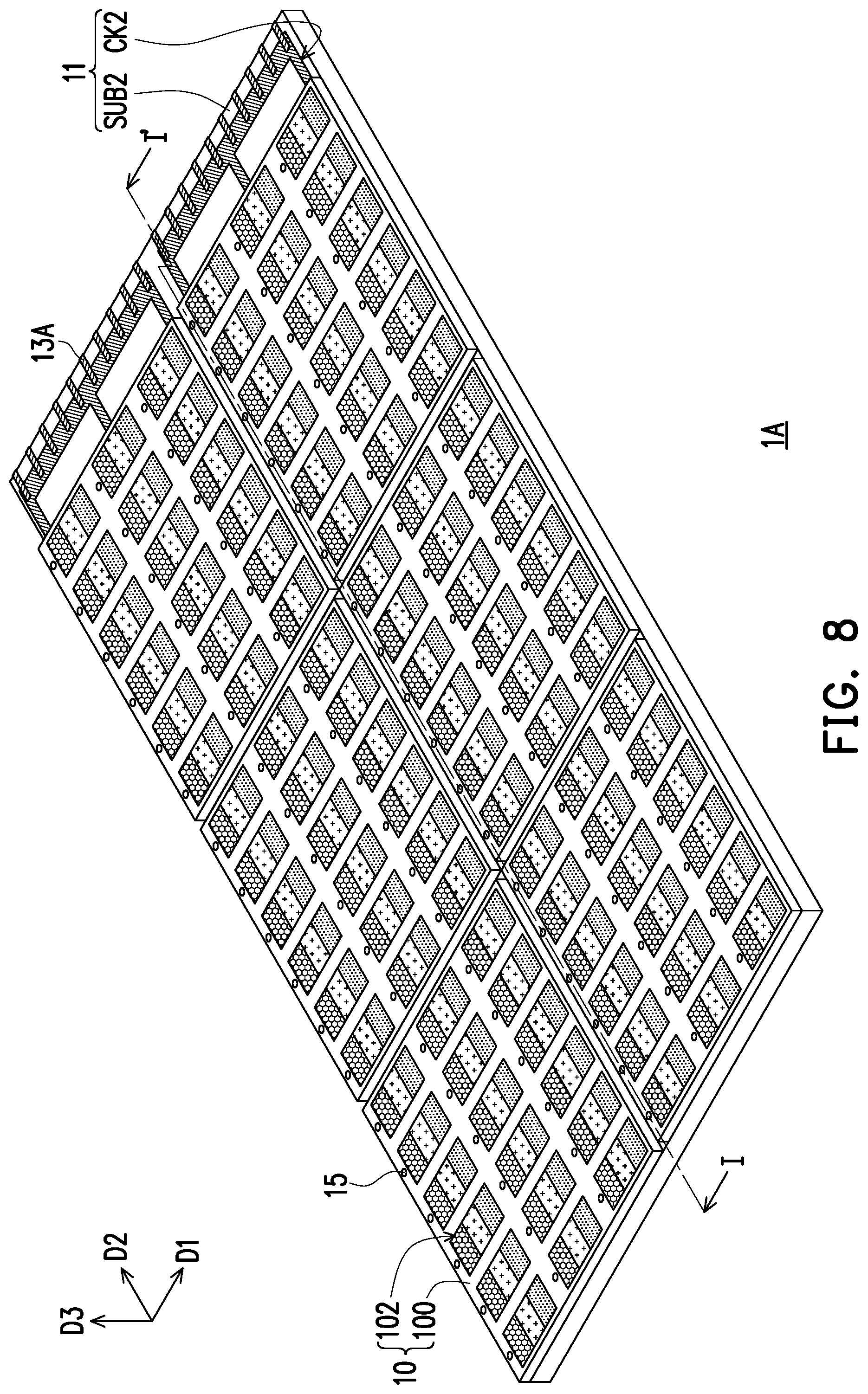 Patent US12568726 Figure 8 – Electronic device having light-emitting diode display modules configured for reducing gap sizes at splices of modules