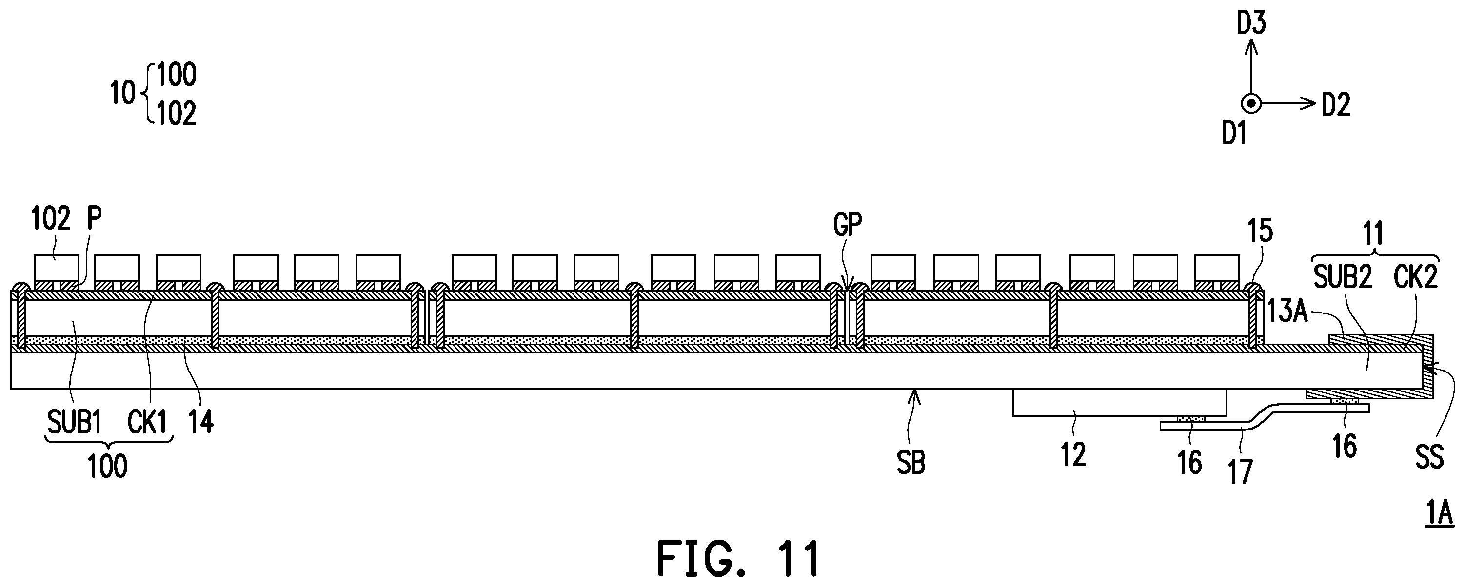 Patent US12568726 Figure 11 – Electronic device having light-emitting diode display modules configured for reducing gap sizes at splices of modules